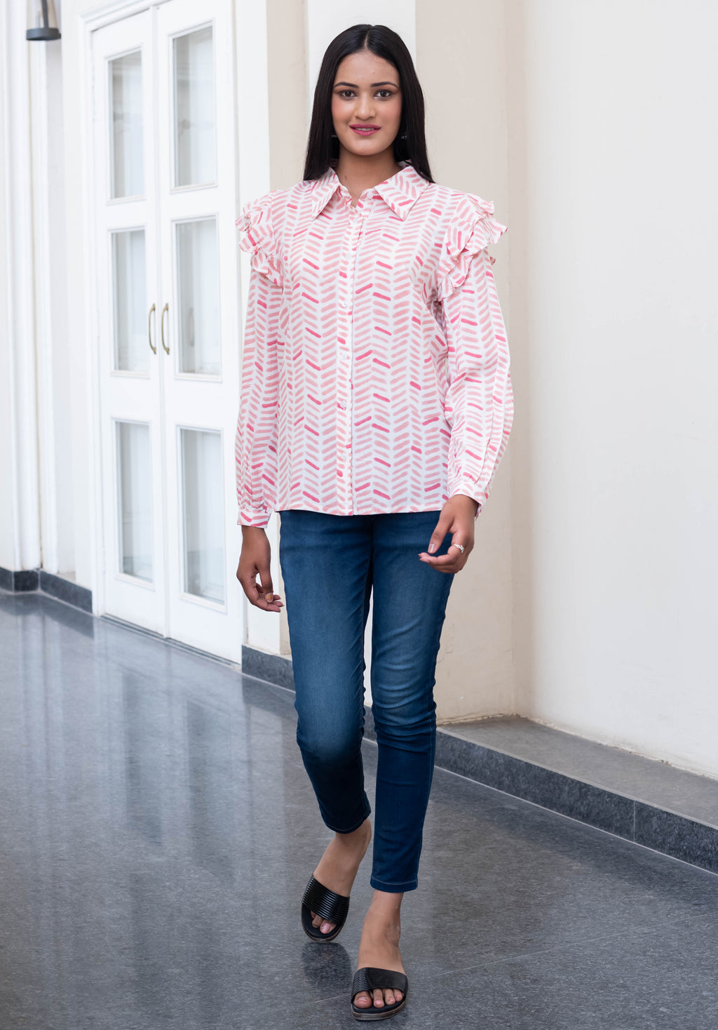 Rose Herringbone Ruffle Sleeve Shirt