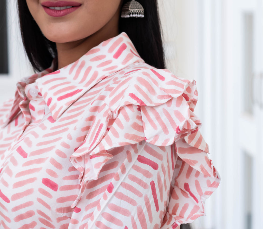 Rose Herringbone Ruffle Sleeve Shirt