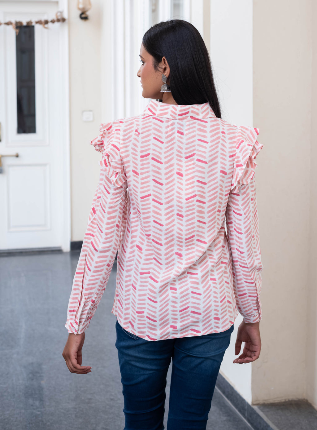 Rose Herringbone Ruffle Sleeve Shirt