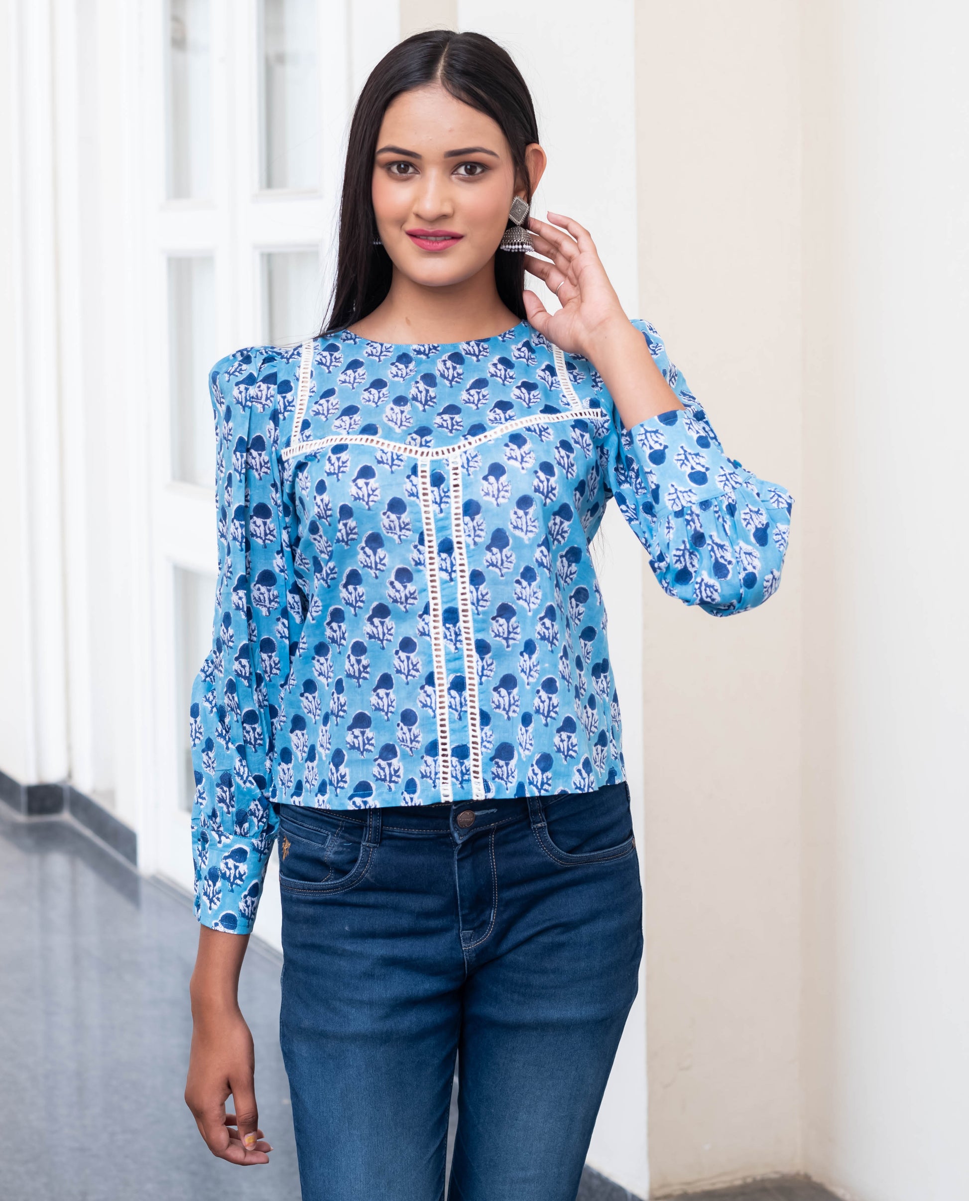 Azure Bloom Lace Detail Top