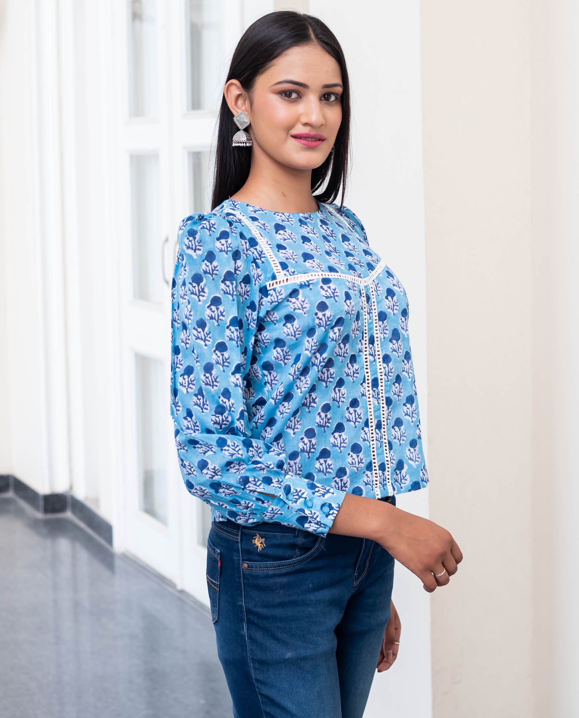 Azure Bloom Lace Detail Top