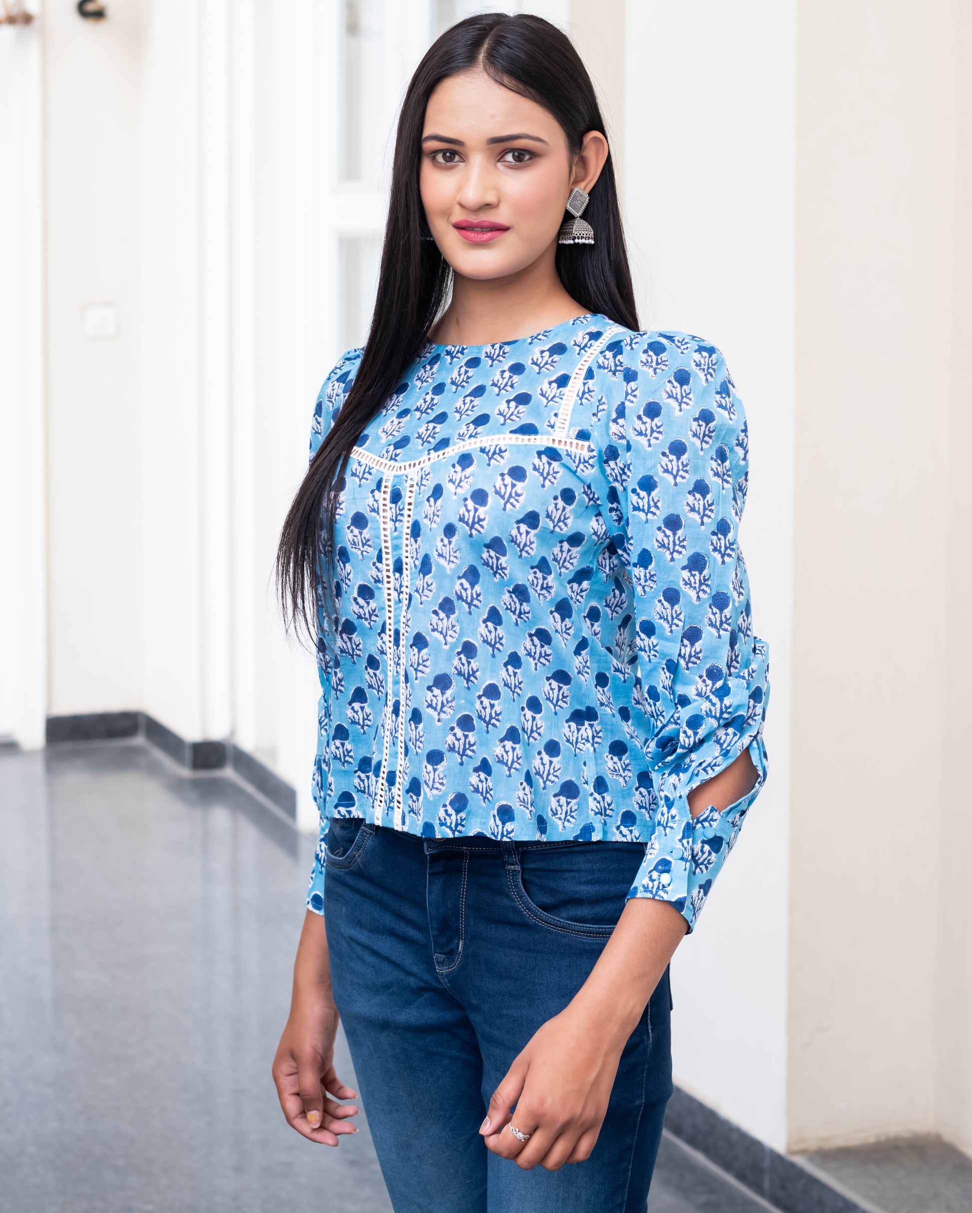 Azure Bloom Lace Detail Top