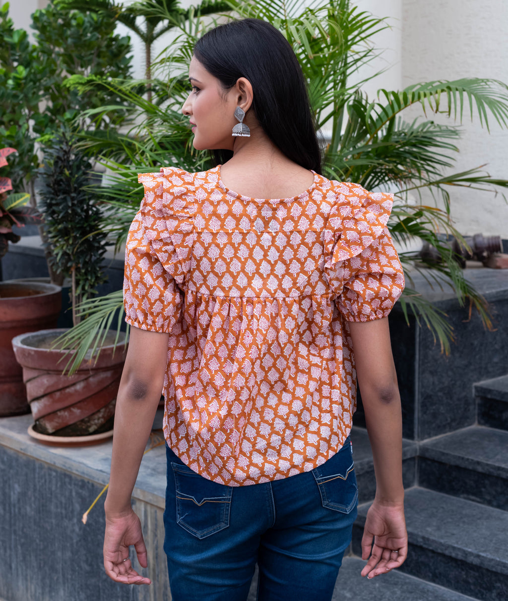 Orange Printed Puff Sleeve Top
