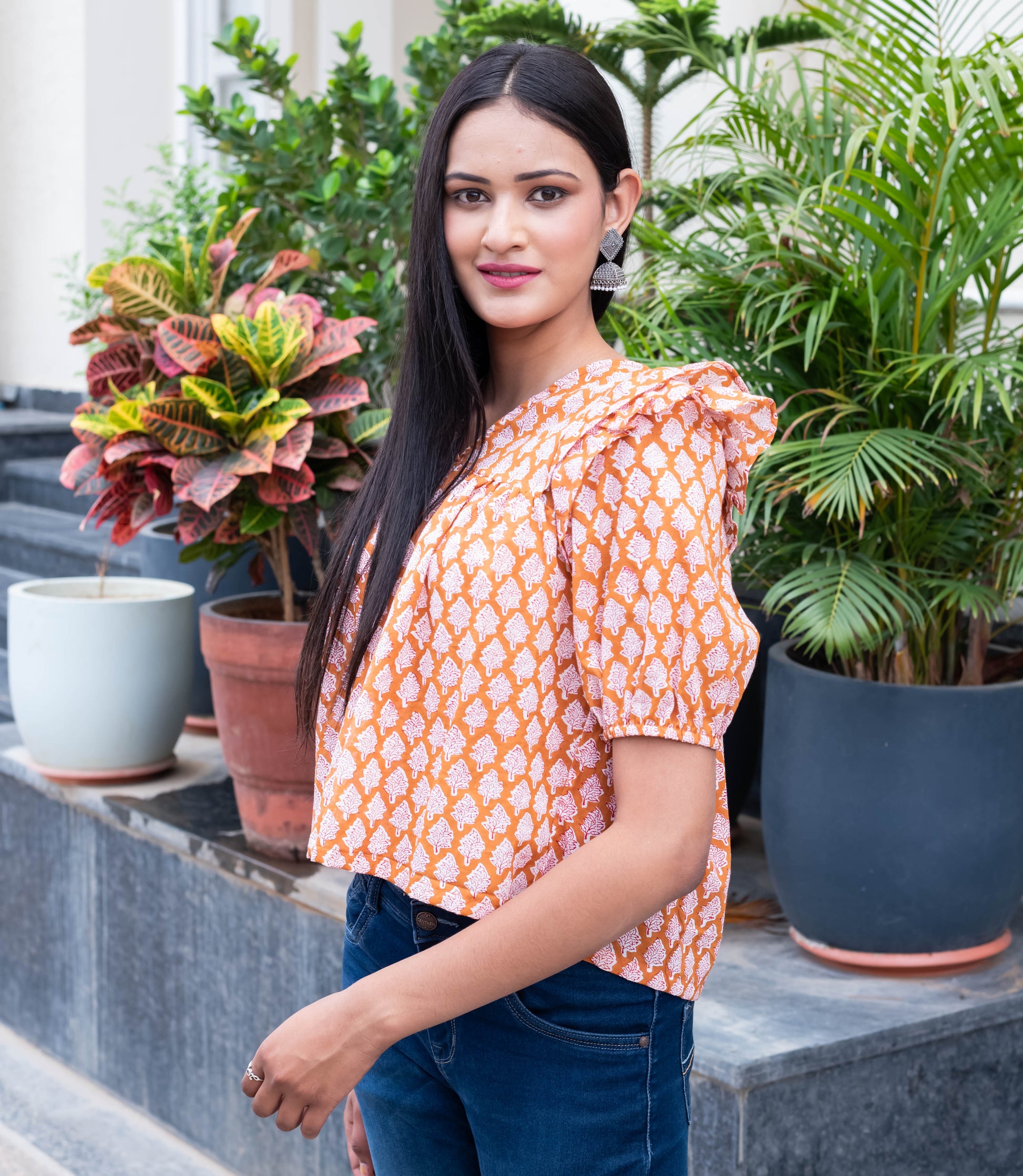 Orange Printed Puff Sleeve Top