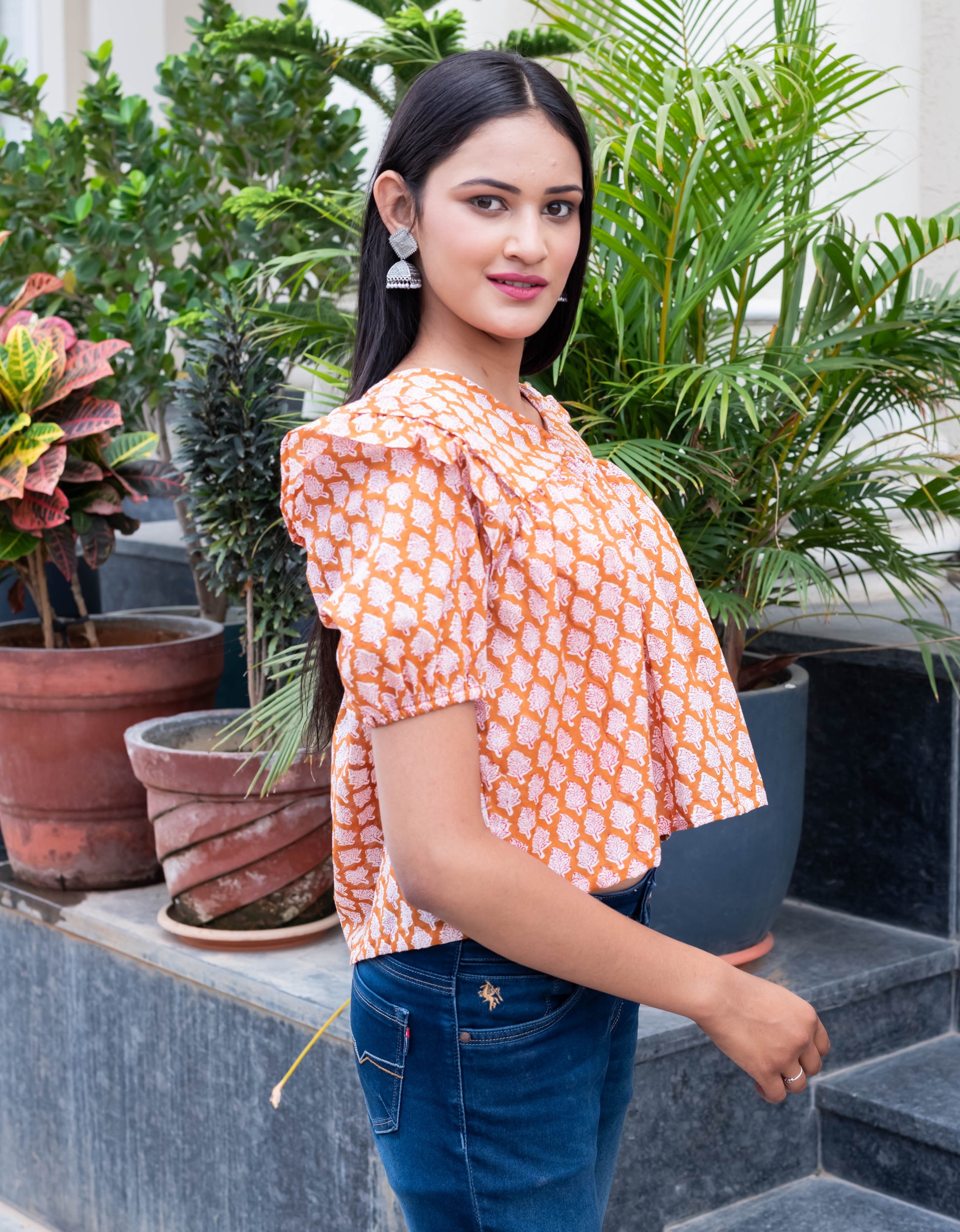 Orange Printed Puff Sleeve Top