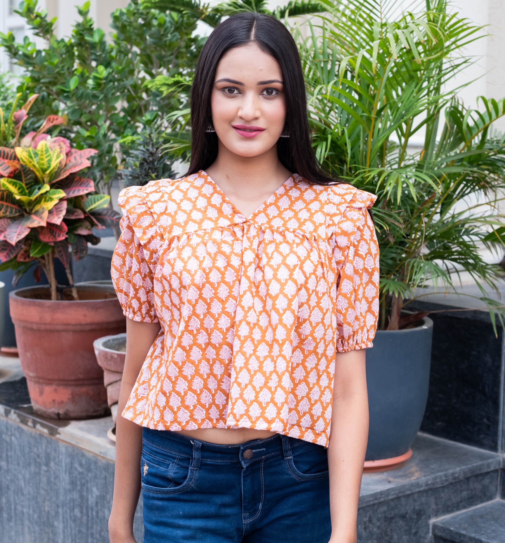 Orange Printed Puff Sleeve Top