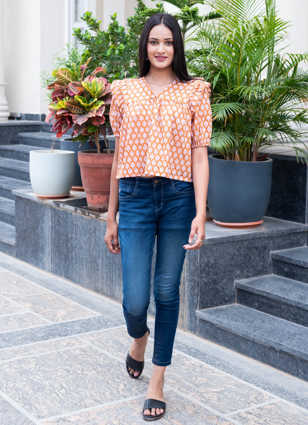 Orange Printed Puff Sleeve Top
