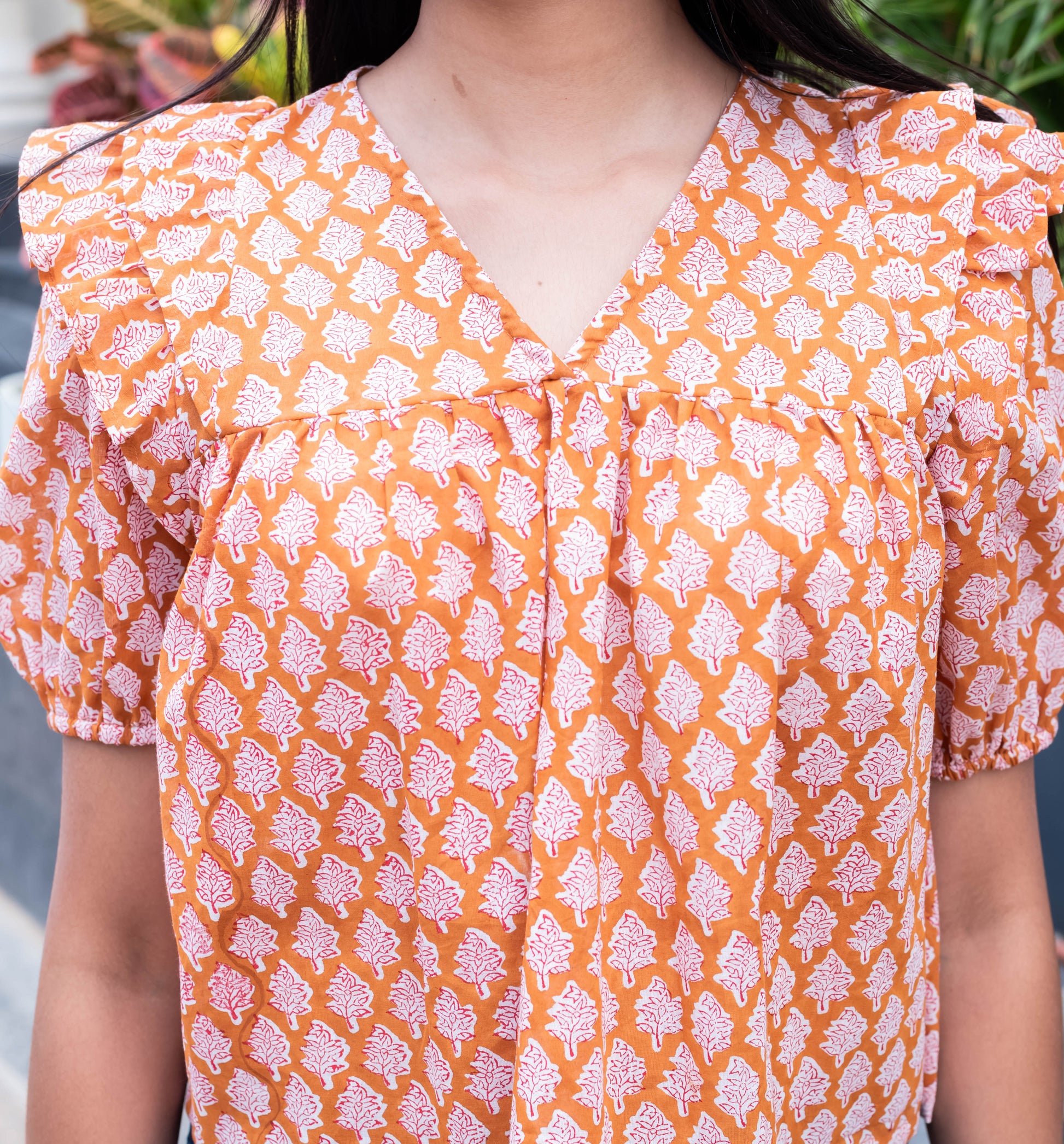 Orange Printed Puff Sleeve Top