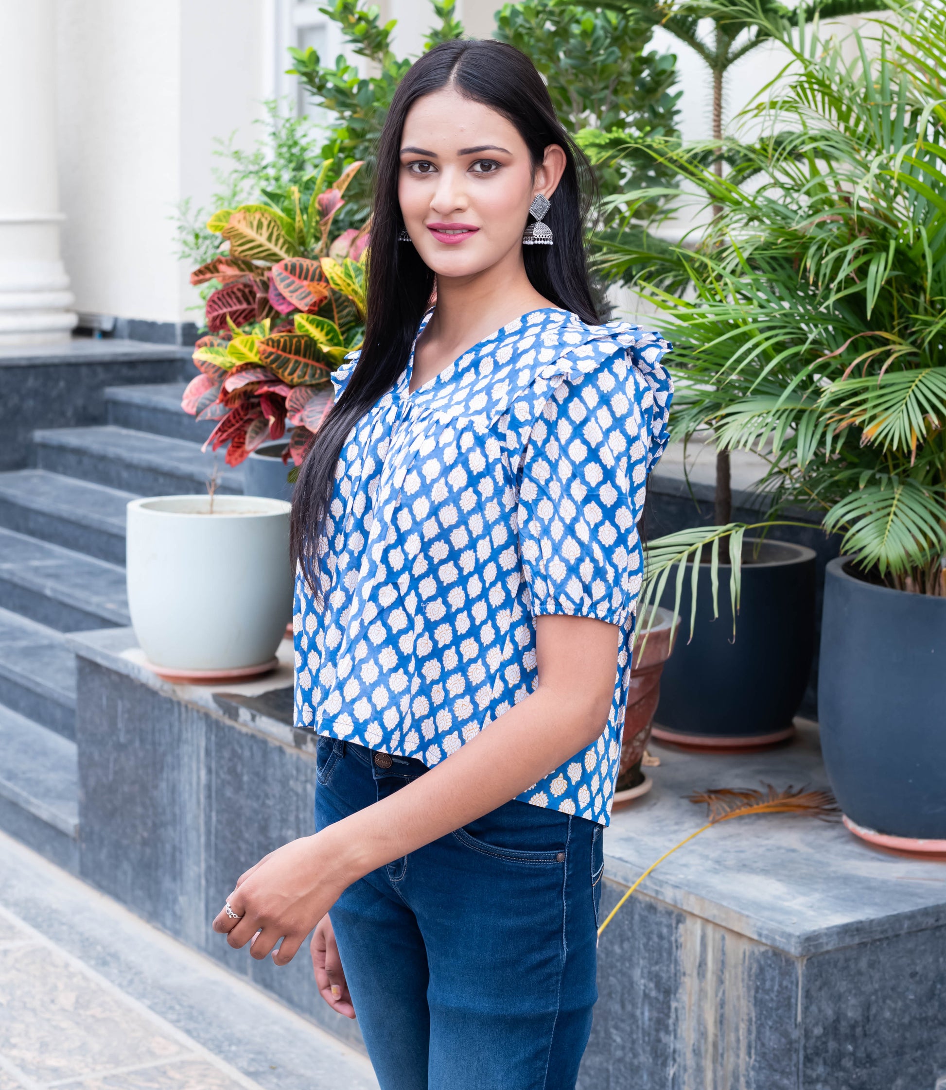 Blue Printed Puff Sleeve Top