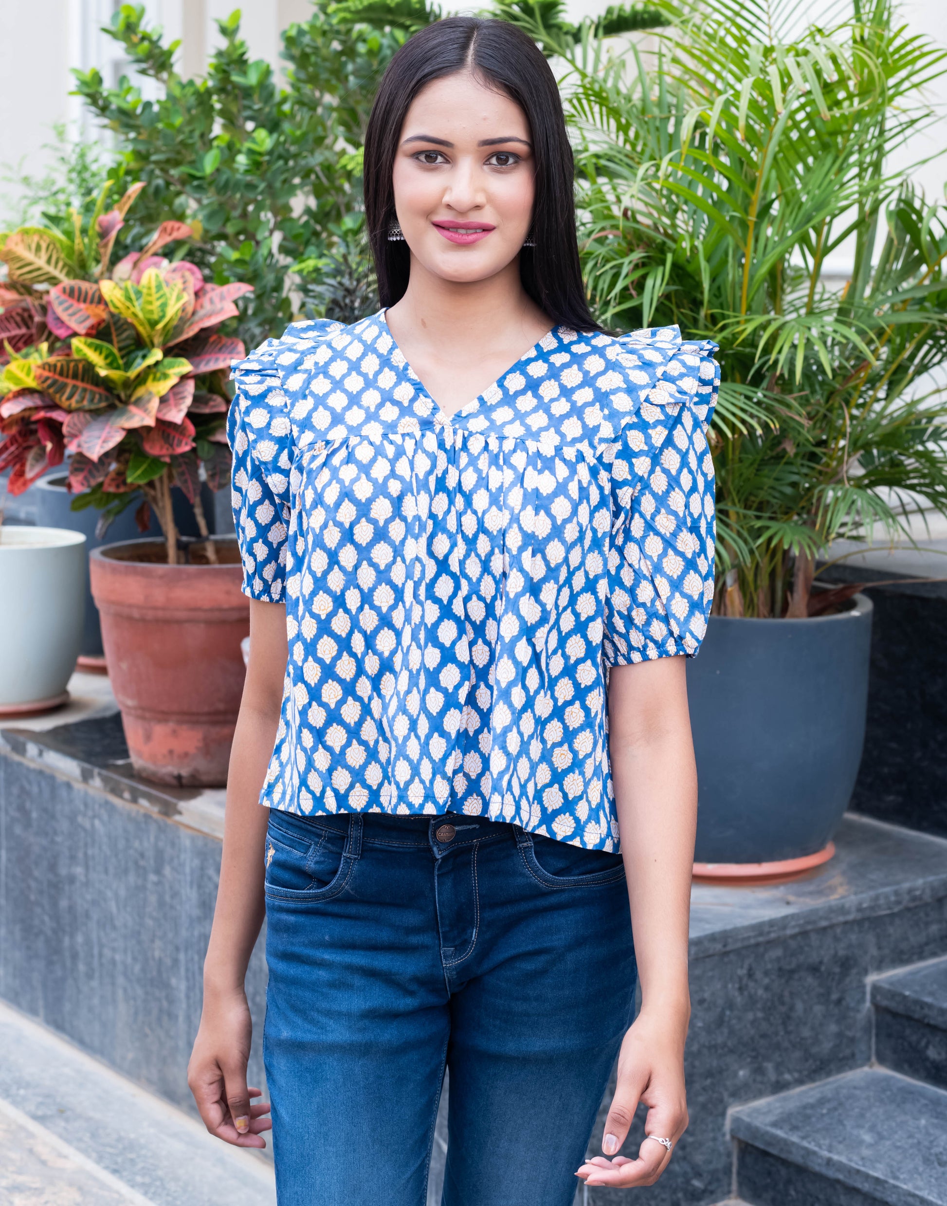 Blue Printed Puff Sleeve Top