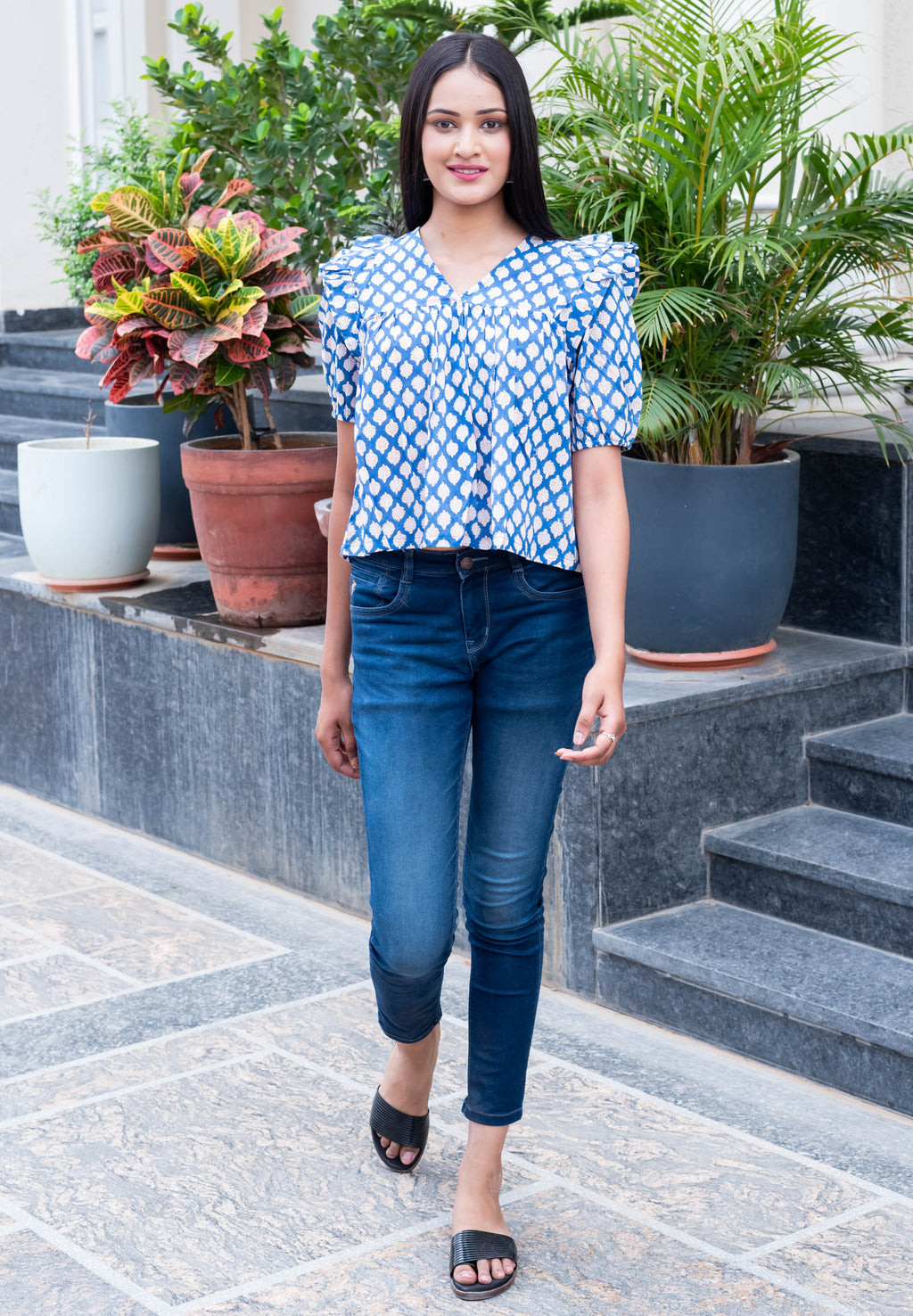 Blue Printed Puff Sleeve Top