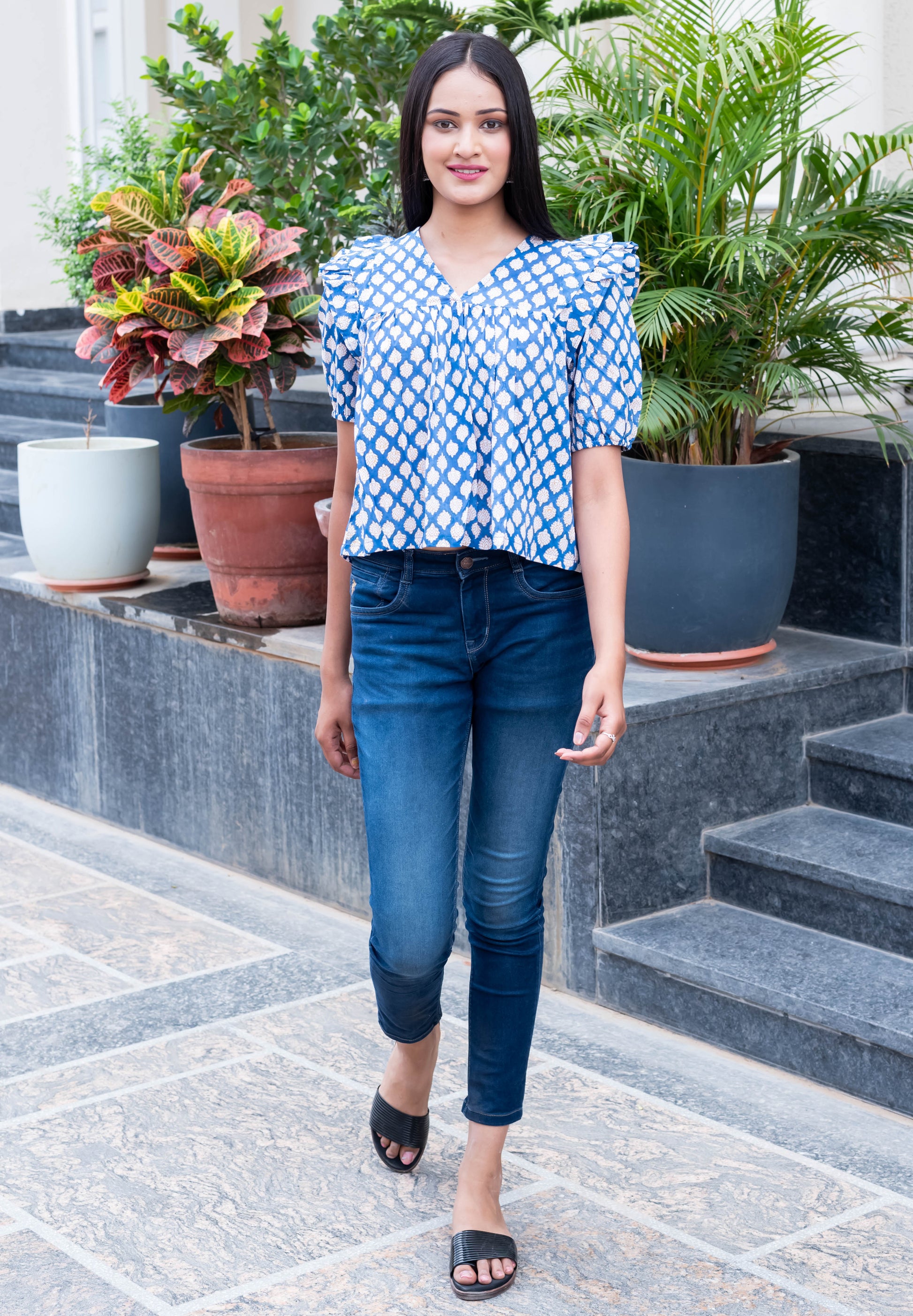 Blue Printed Puff Sleeve Top