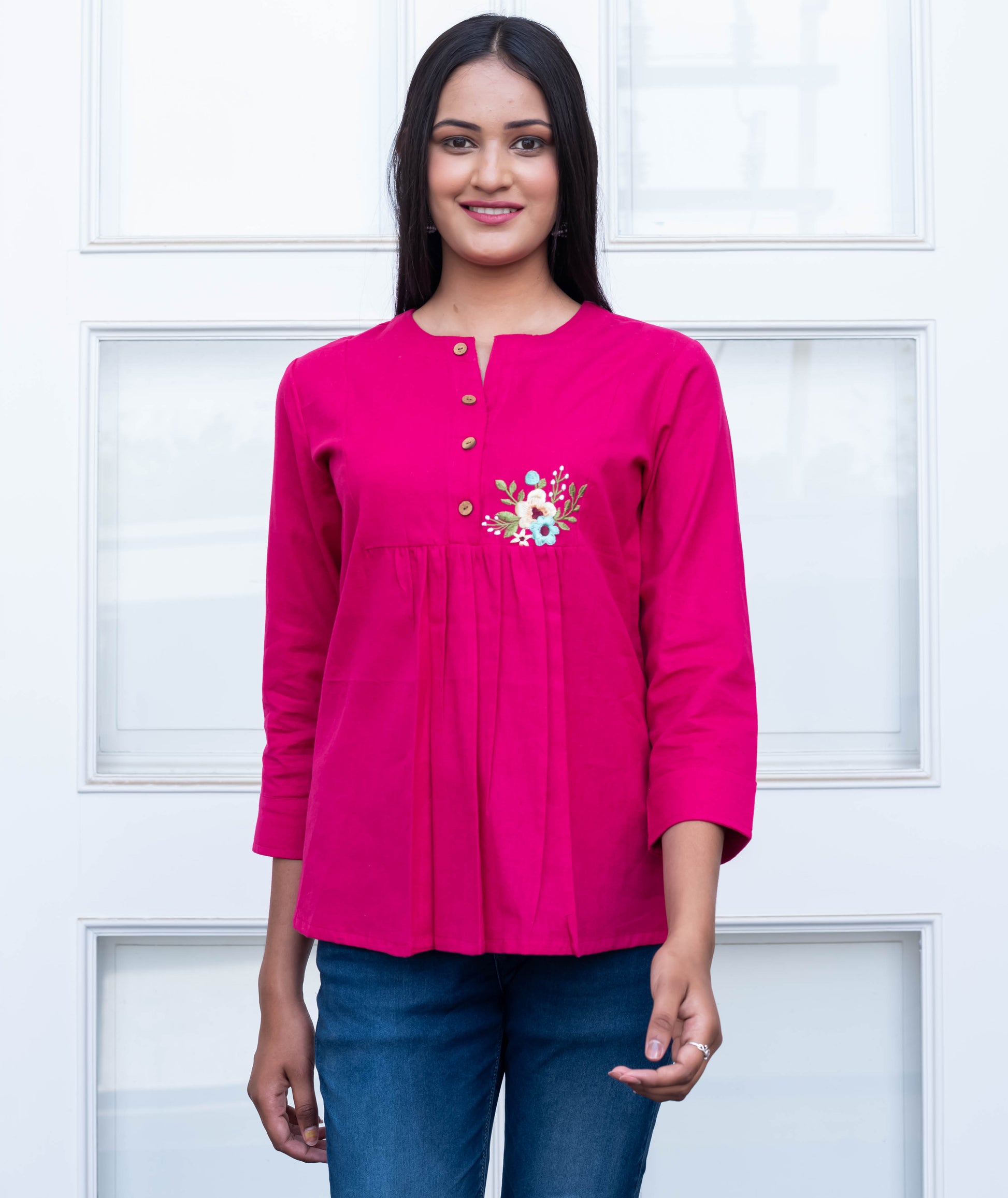 Fuchsia Pink Embroidered Pleated Top