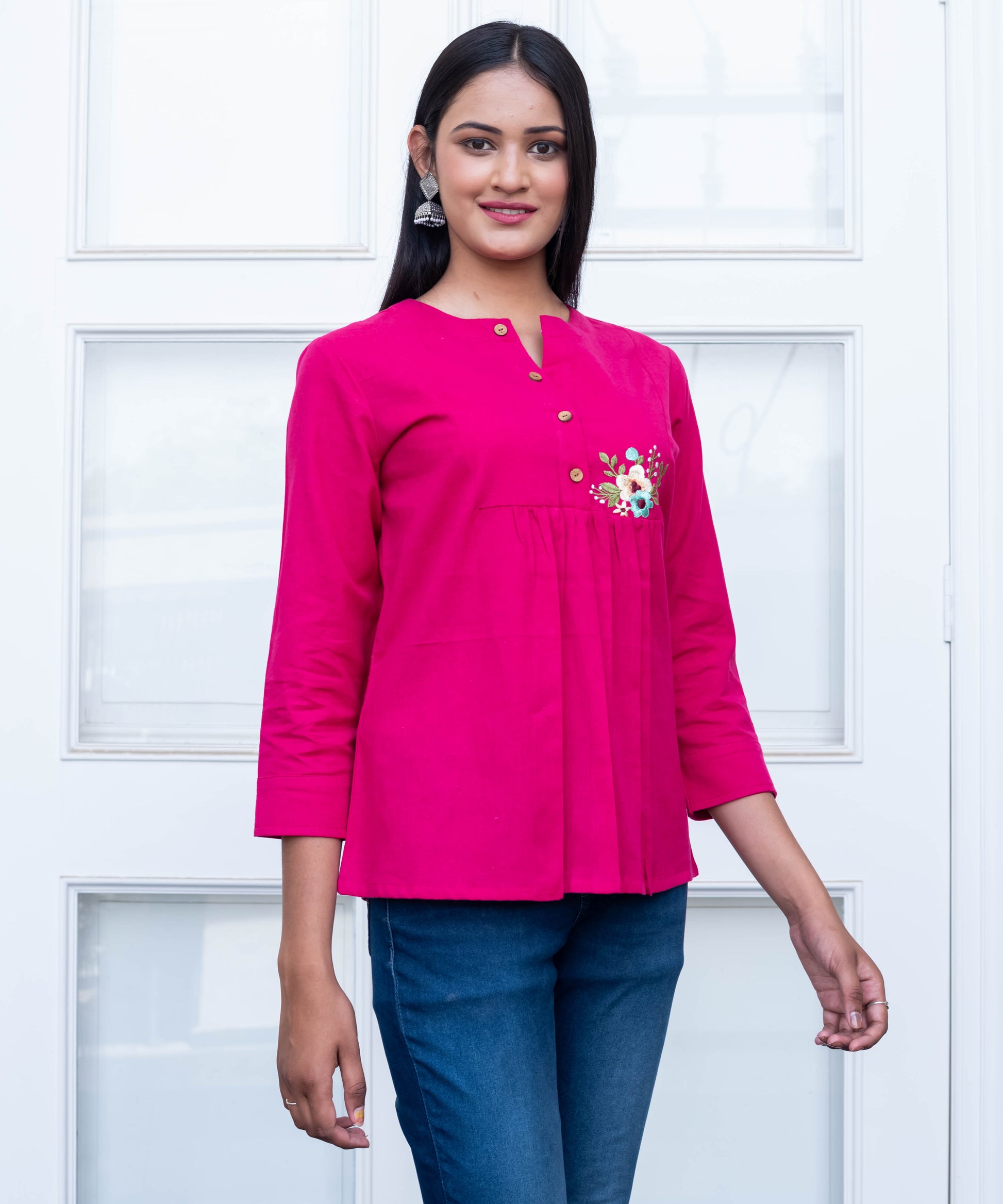 Fuchsia Pink Embroidered Pleated Top