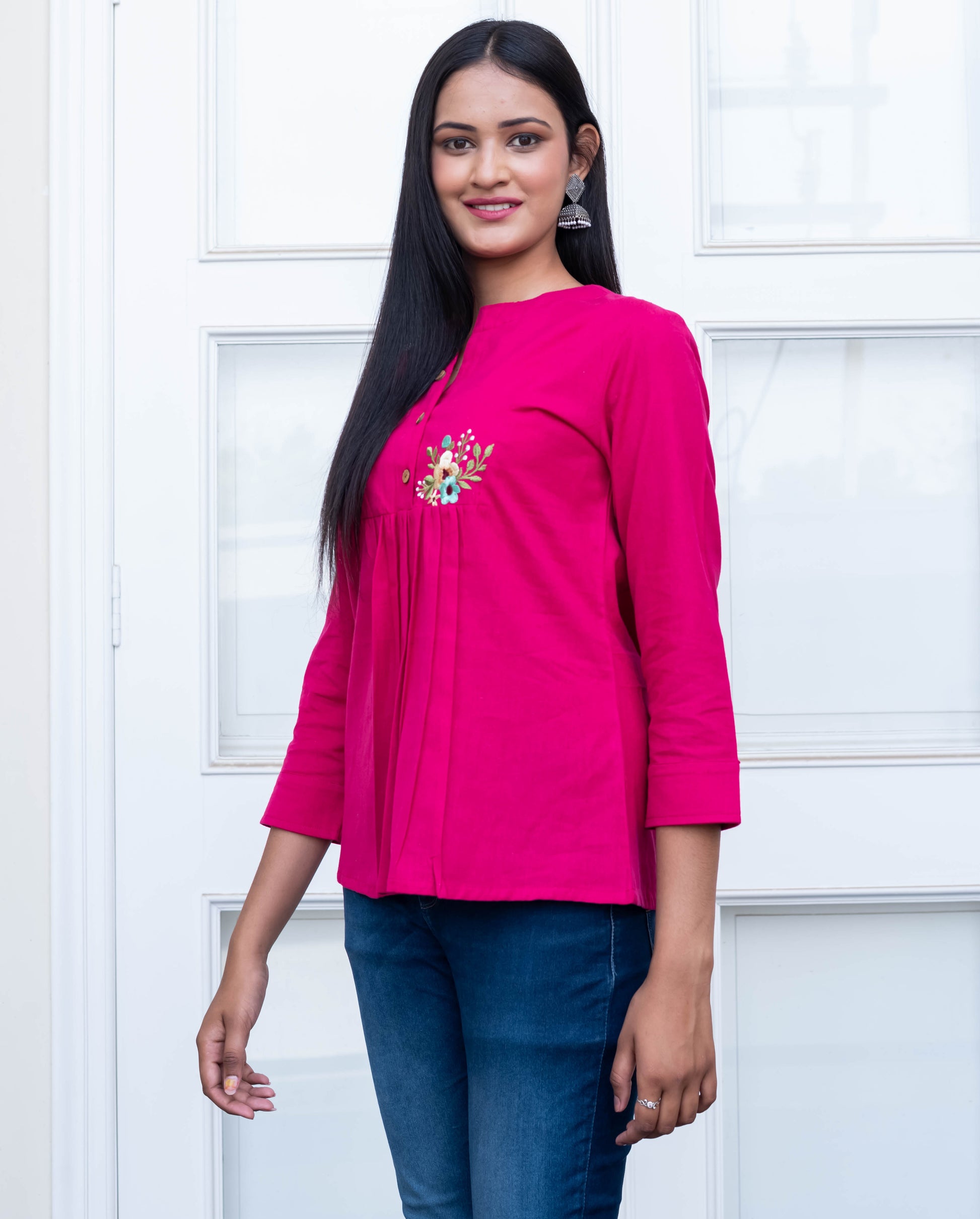 Fuchsia Pink Embroidered Pleated Top