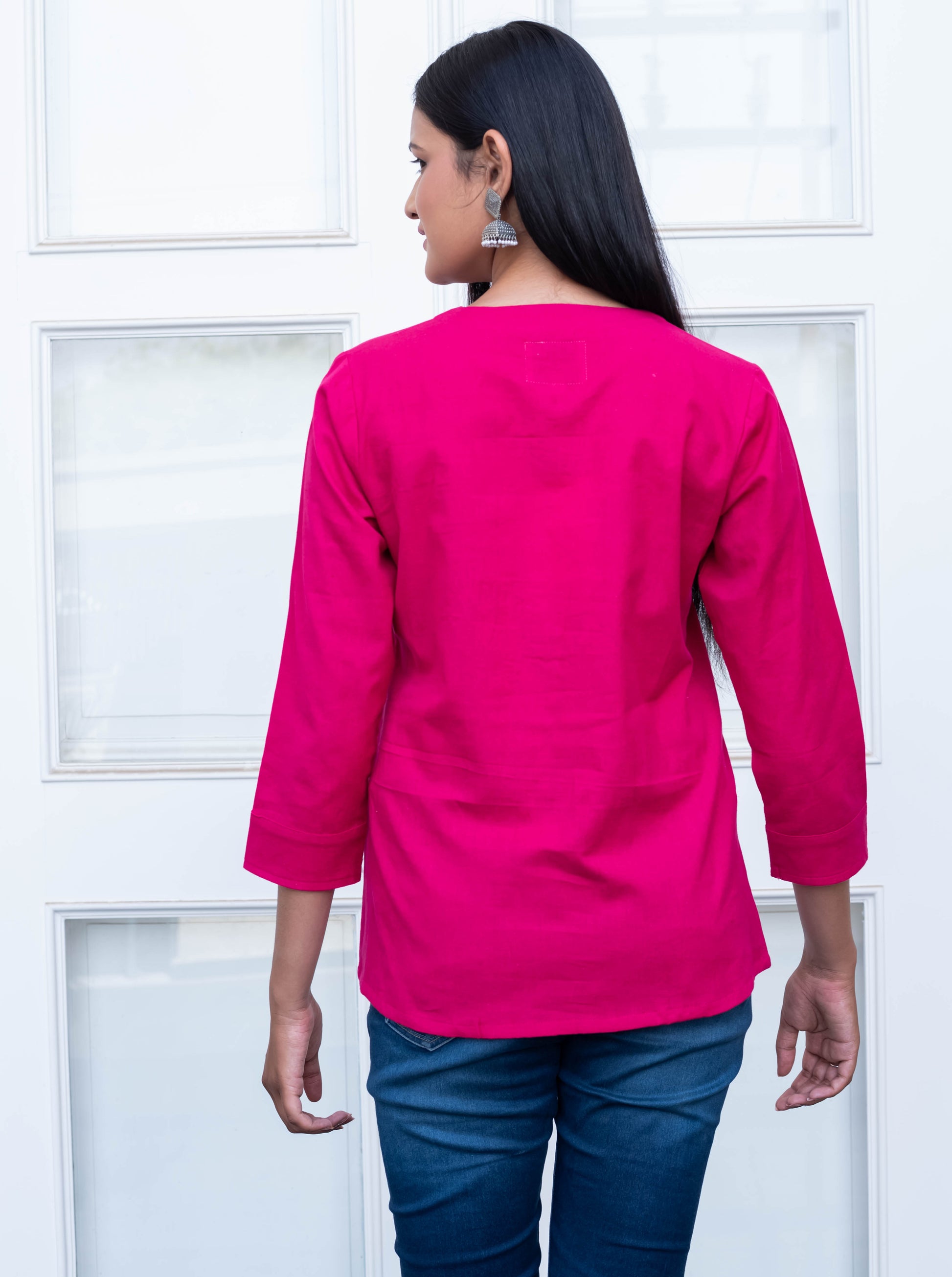 Fuchsia Pink Embroidered Pleated Top