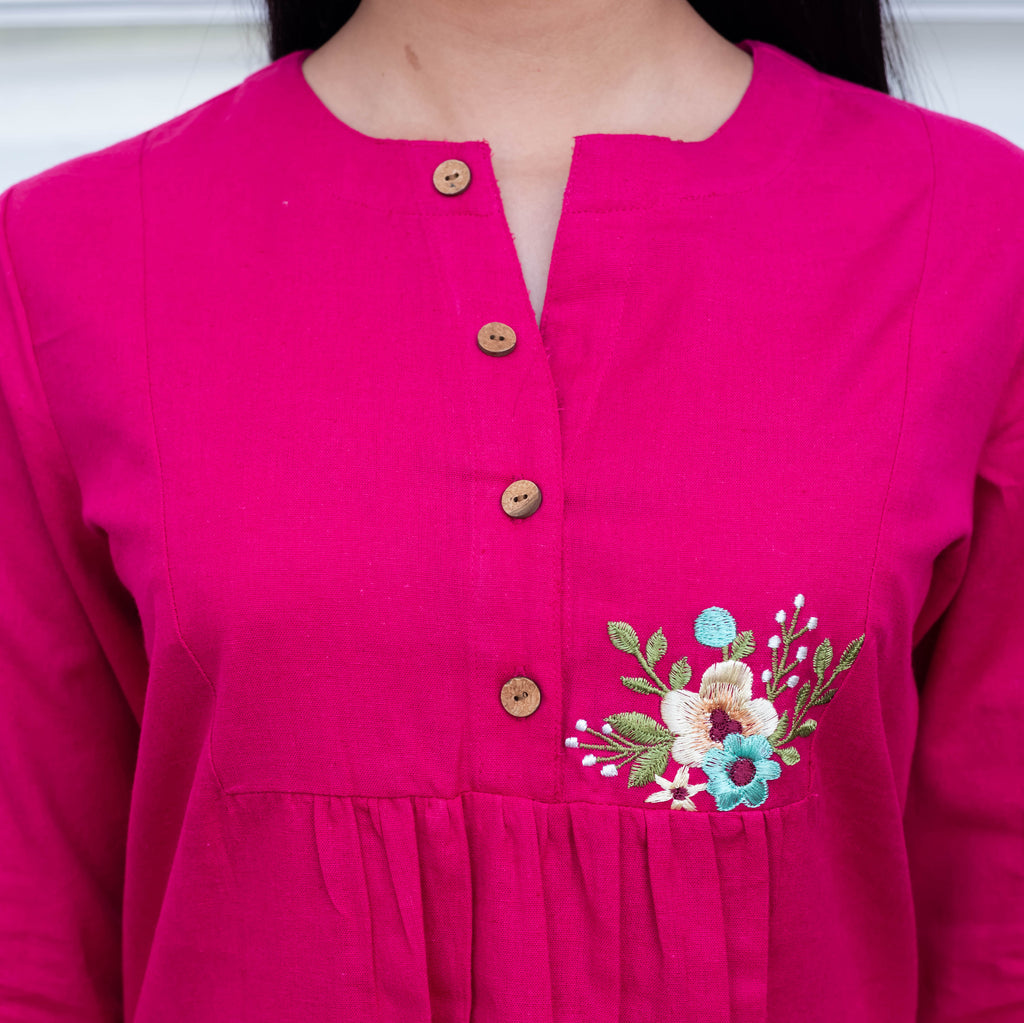 Fuchsia Pink Embroidered Pleated Top