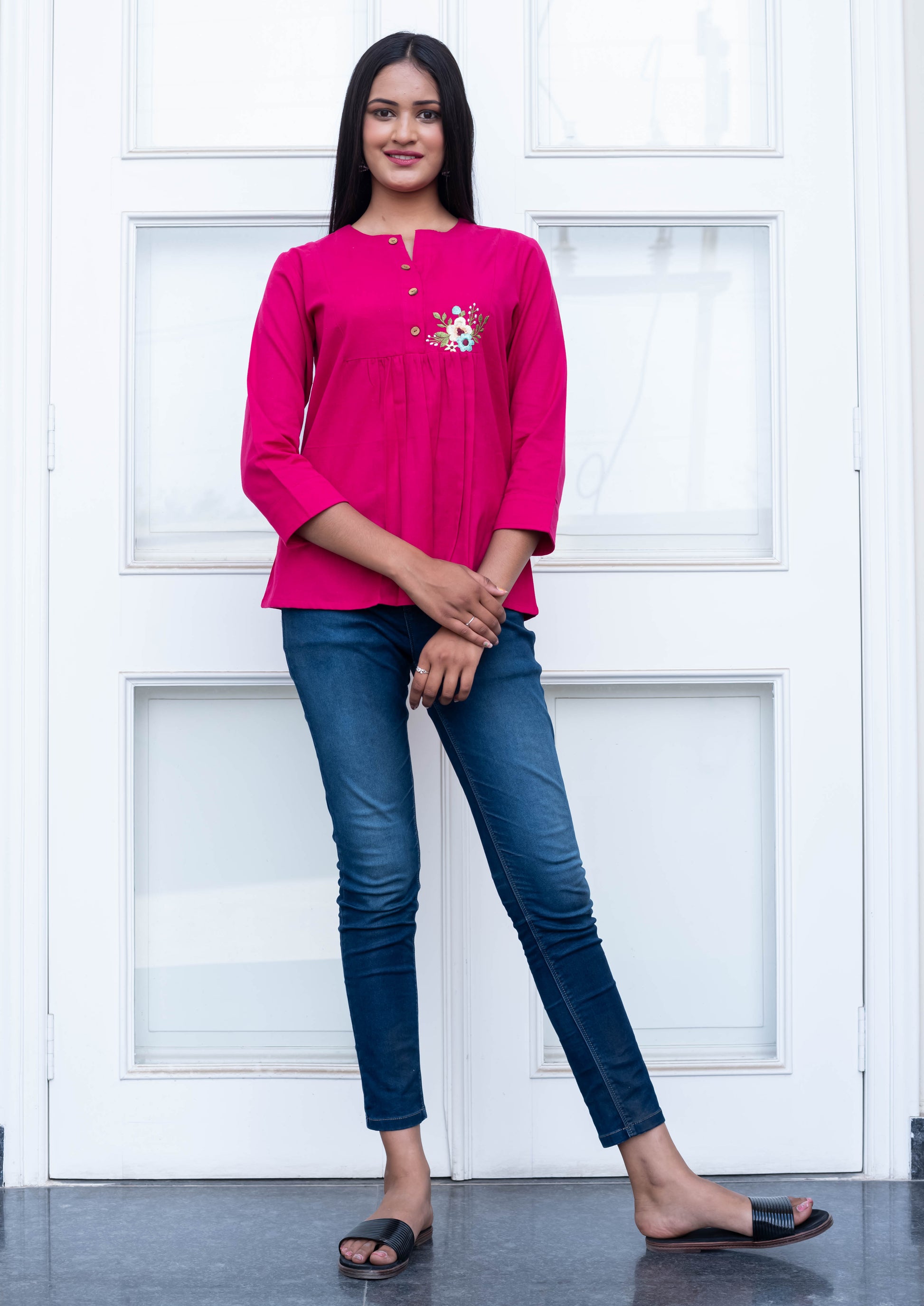 Fuchsia Pink Embroidered Pleated Top