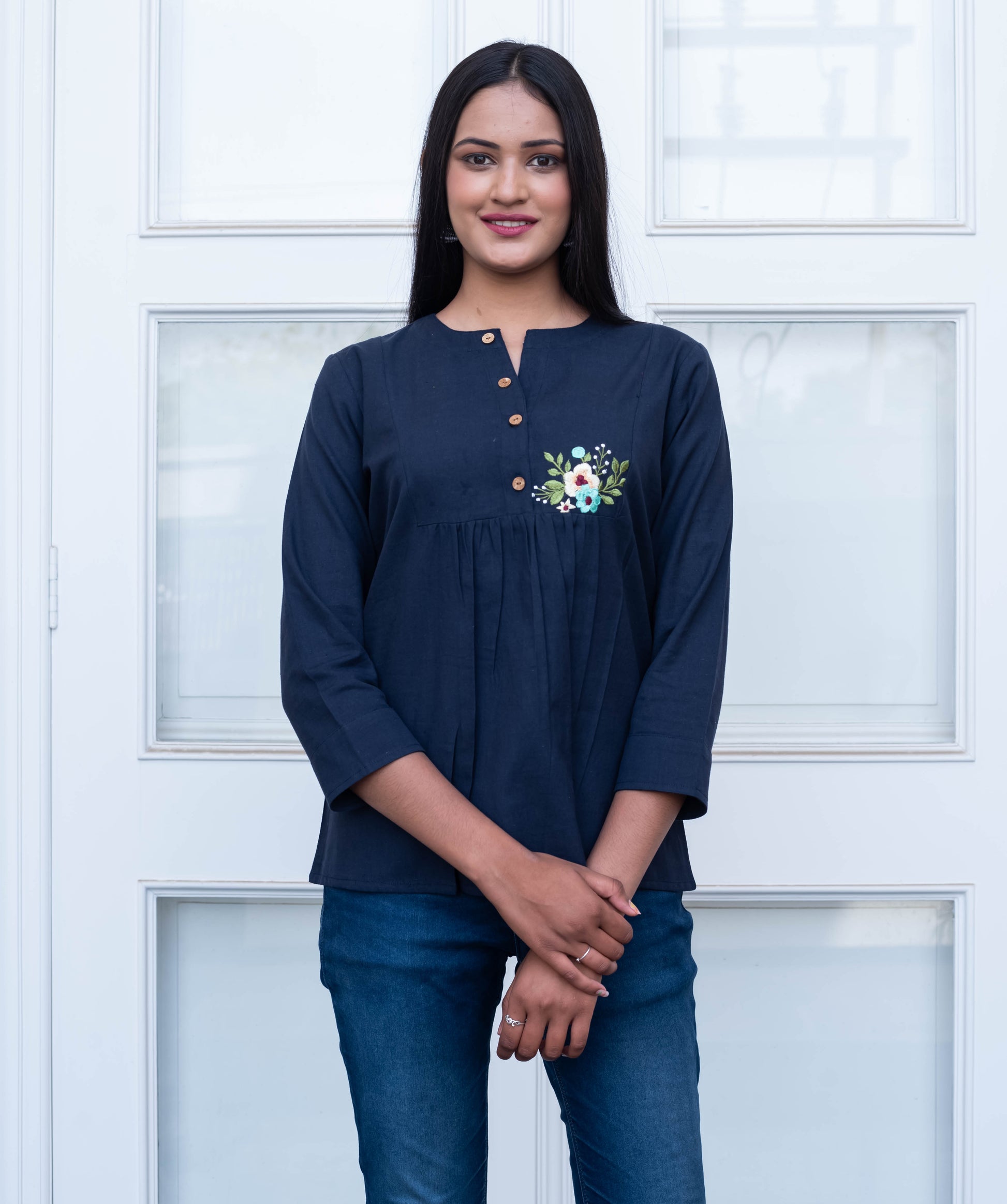 Navy Blue Embroidered Pleated Cotton Top