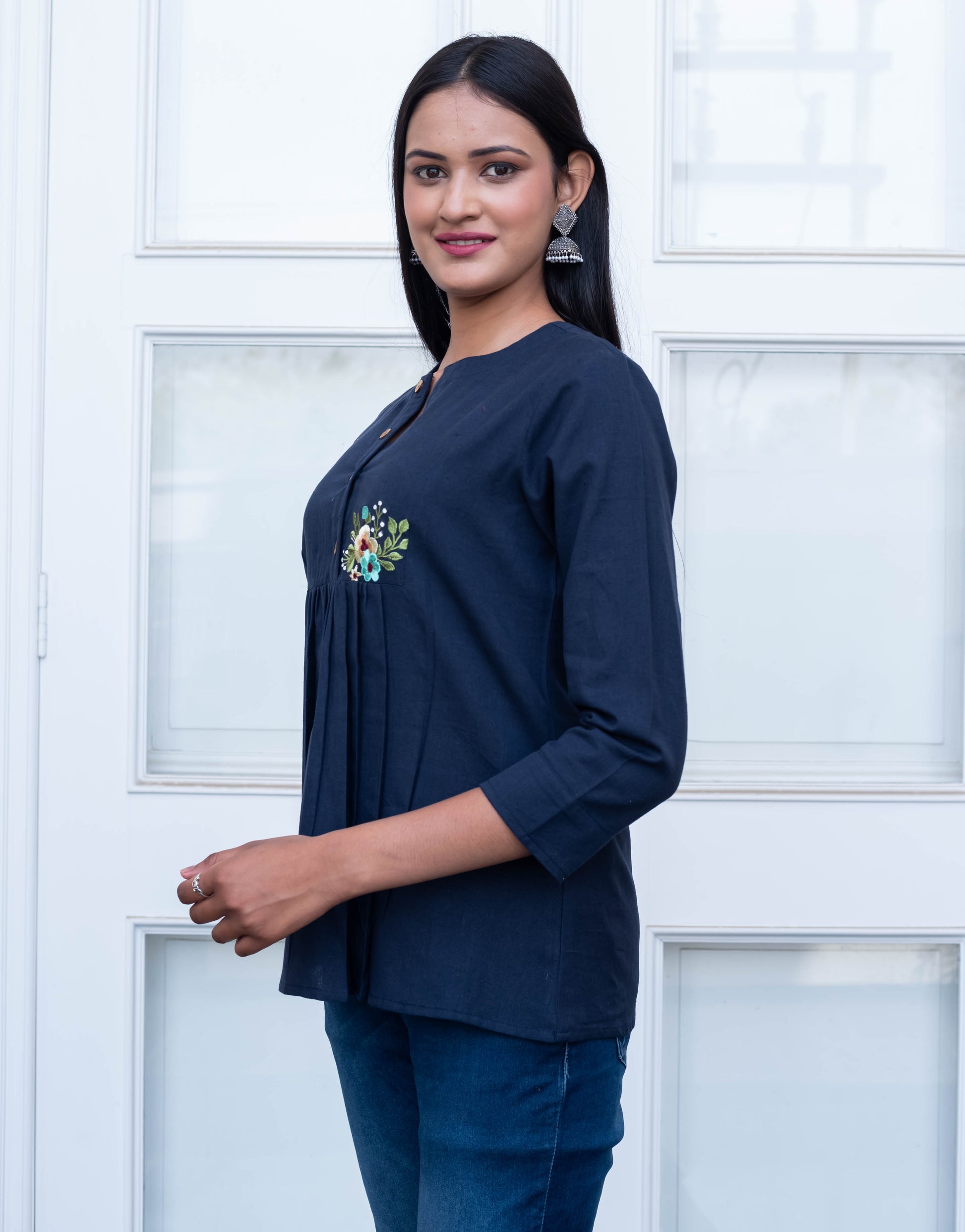 Navy Blue Embroidered Pleated Cotton Top