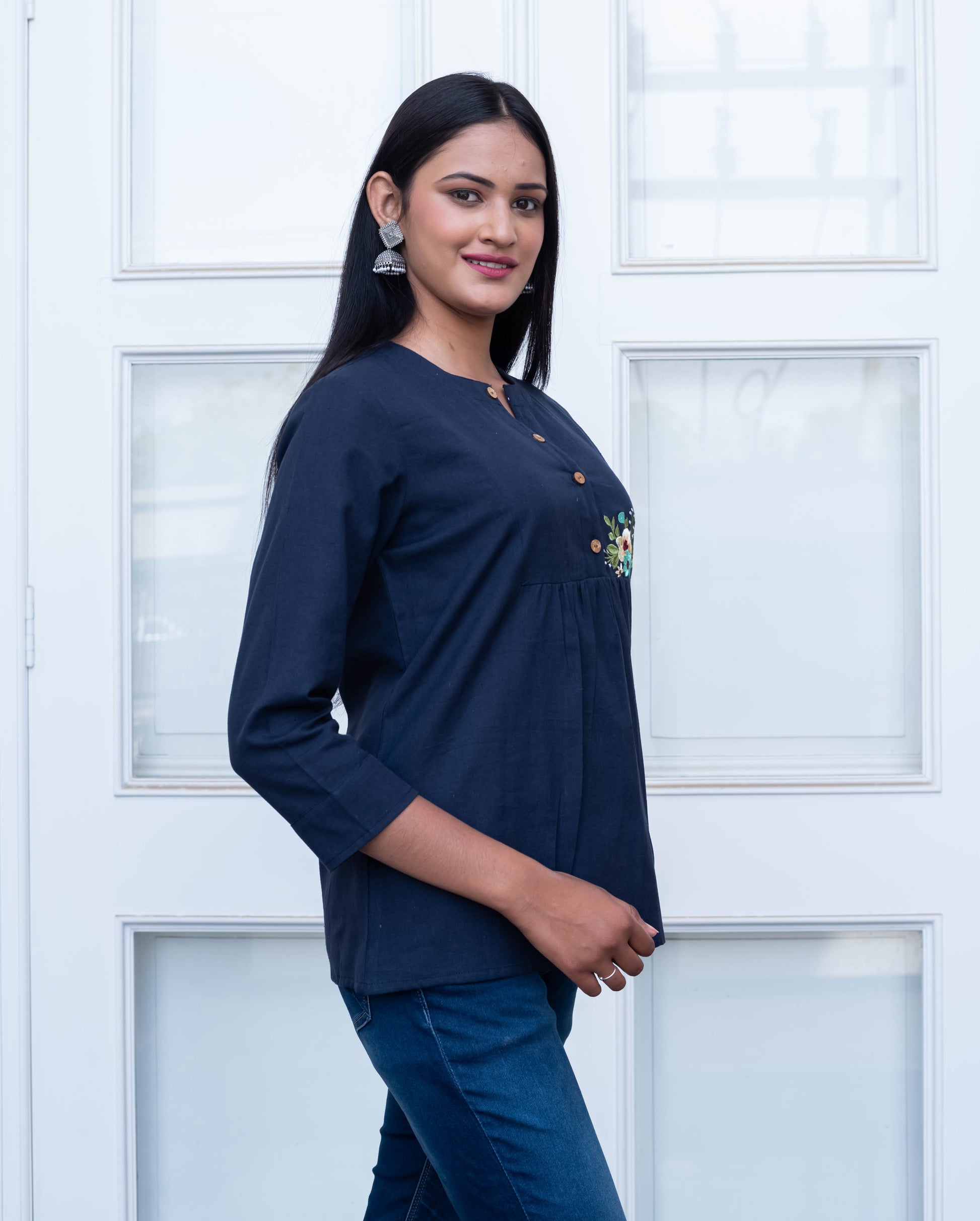 Navy Blue Embroidered Pleated Cotton Top