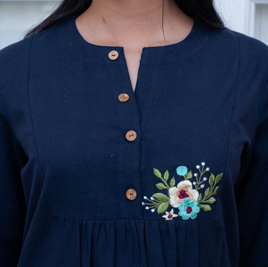 Navy Blue Embroidered Pleated Cotton Top