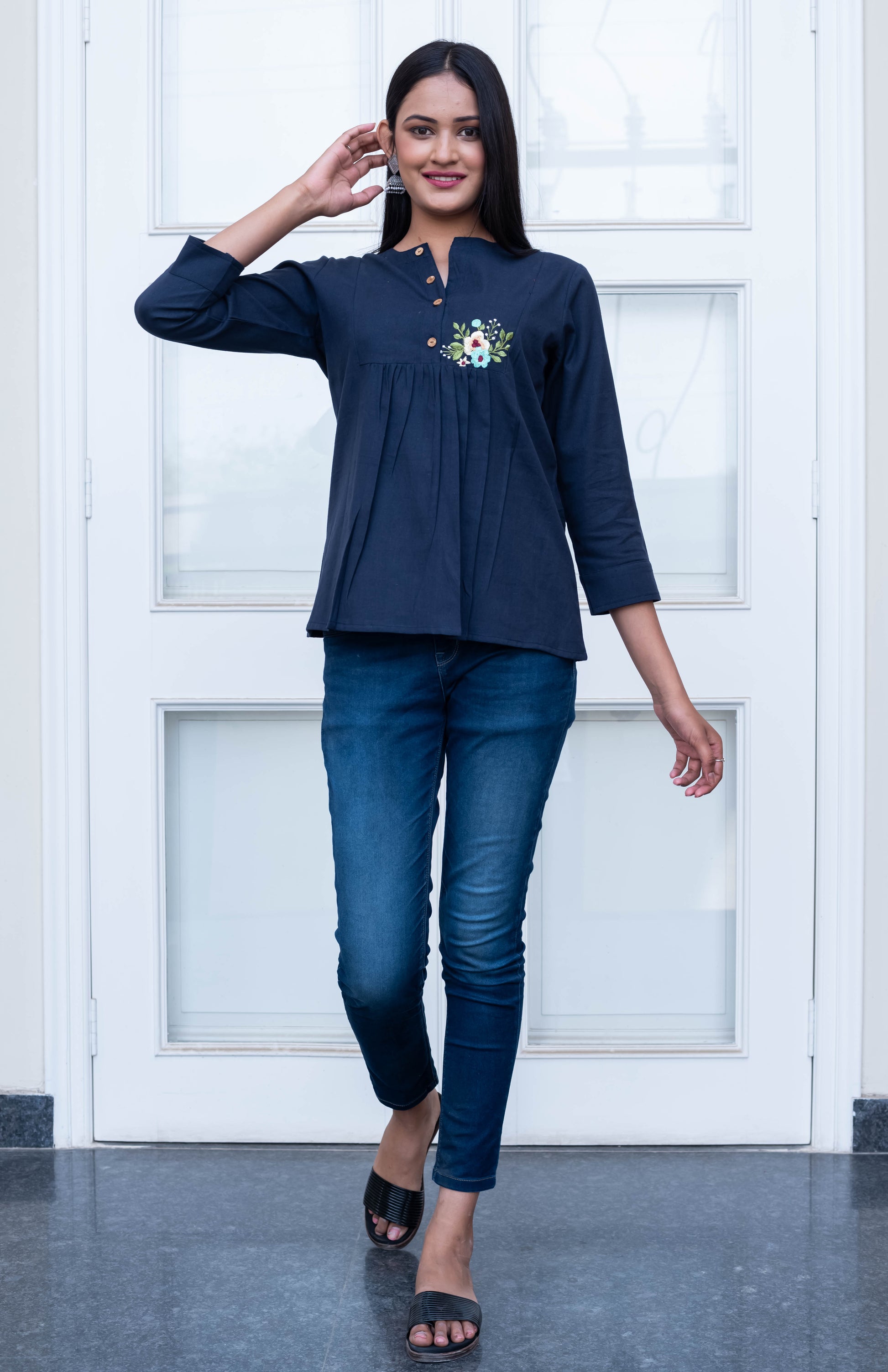 Navy Blue Embroidered Pleated Cotton Top