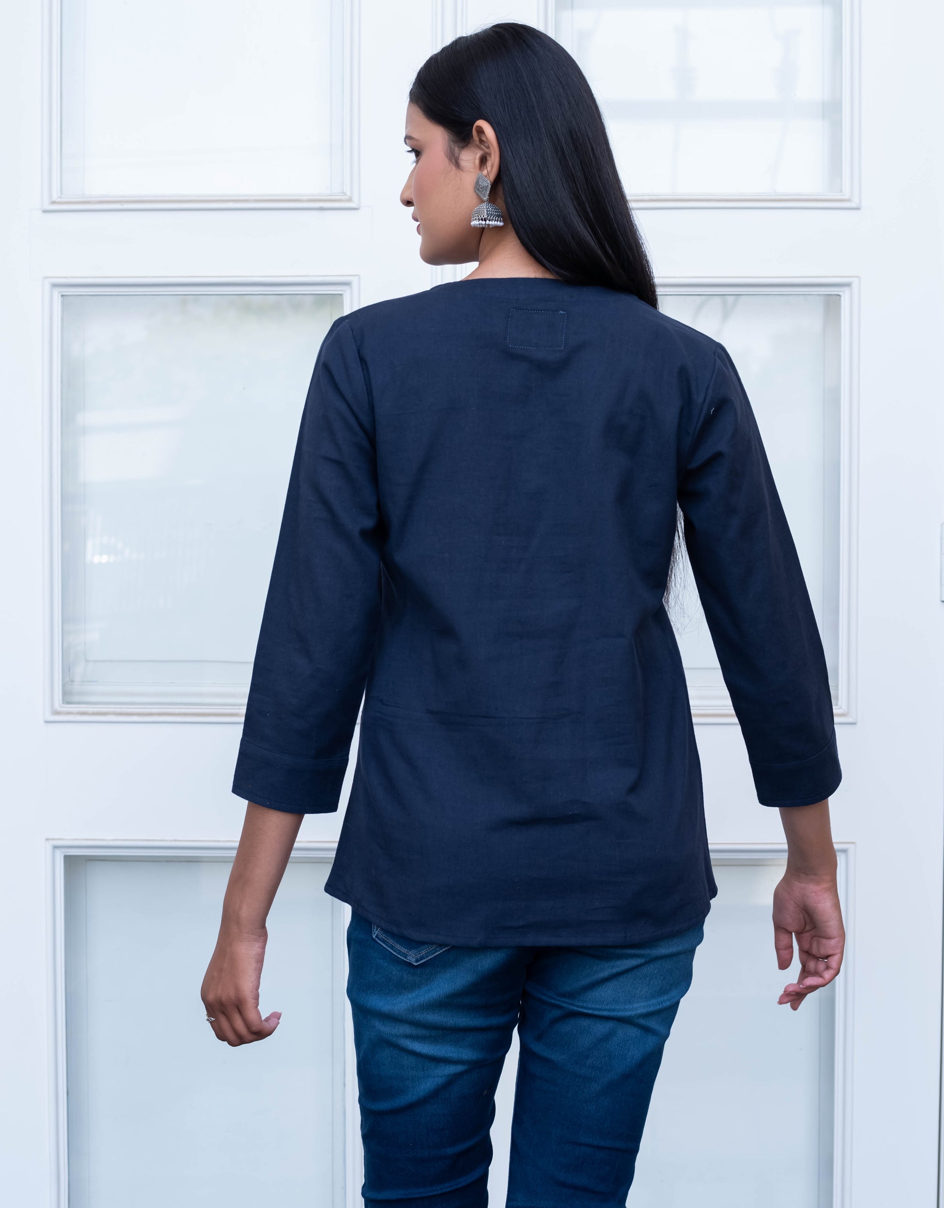 Navy Blue Embroidered Pleated Cotton Top