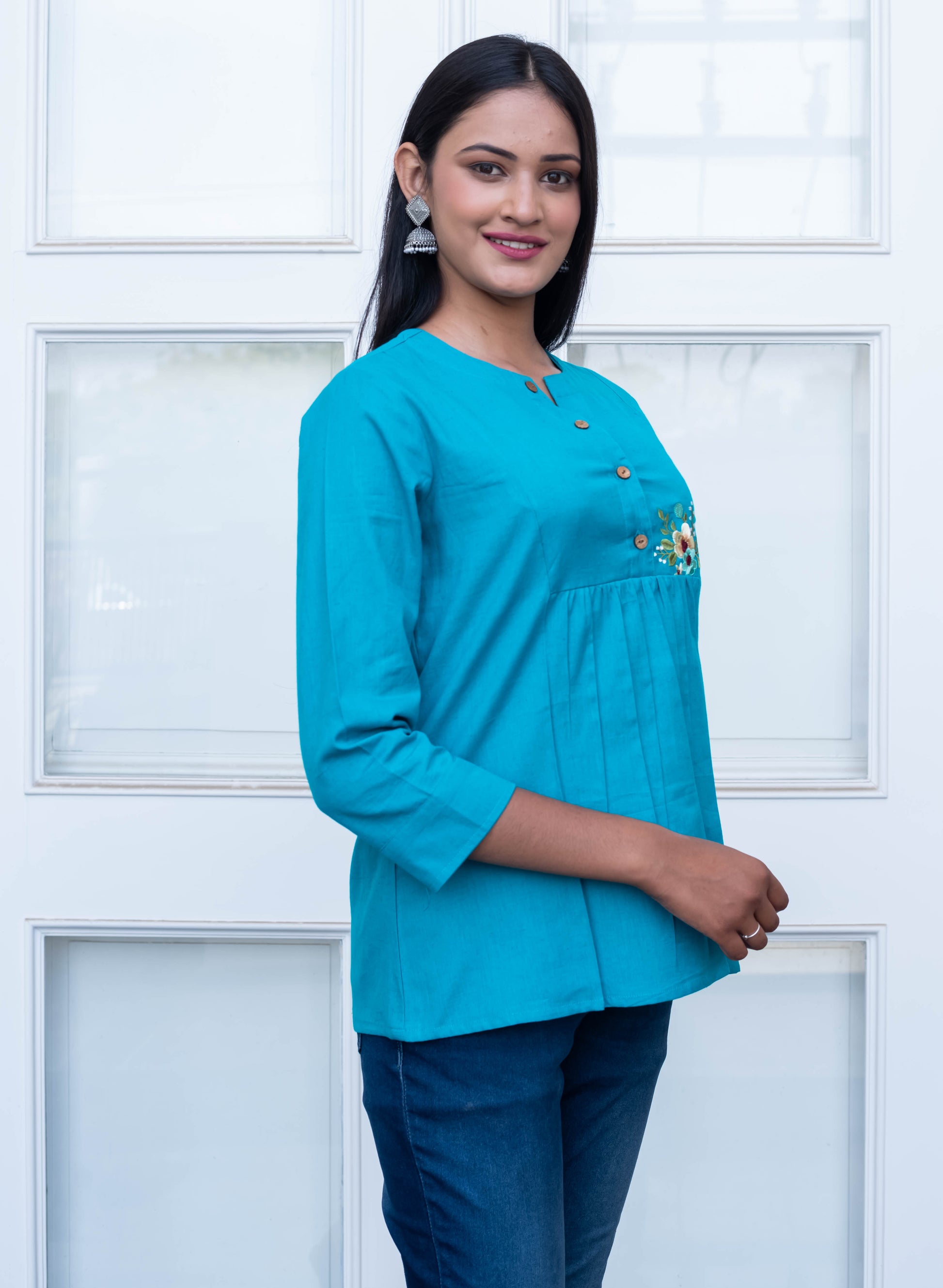Teal Blue Embroidered Pleated Cotton Top
