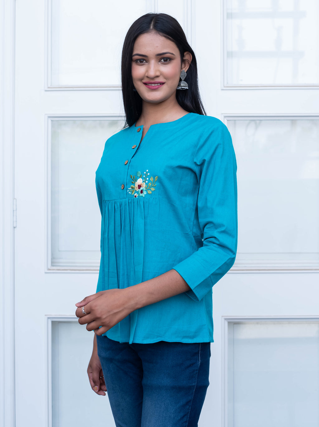 Teal Blue Embroidered Pleated Cotton Top