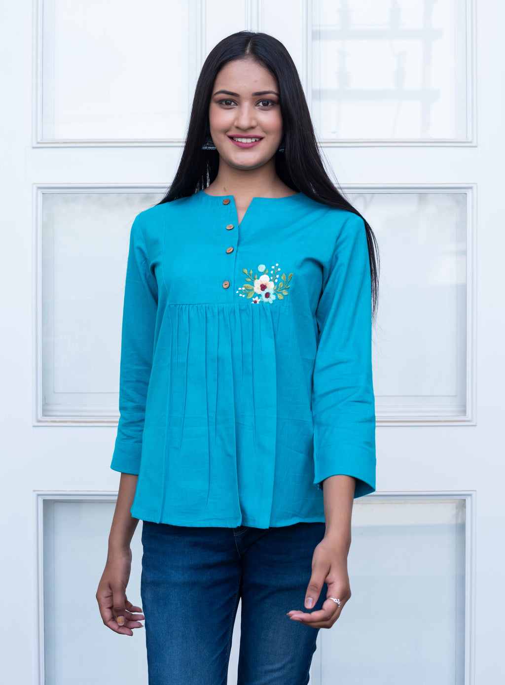 Teal Blue Embroidered Pleated Cotton Top