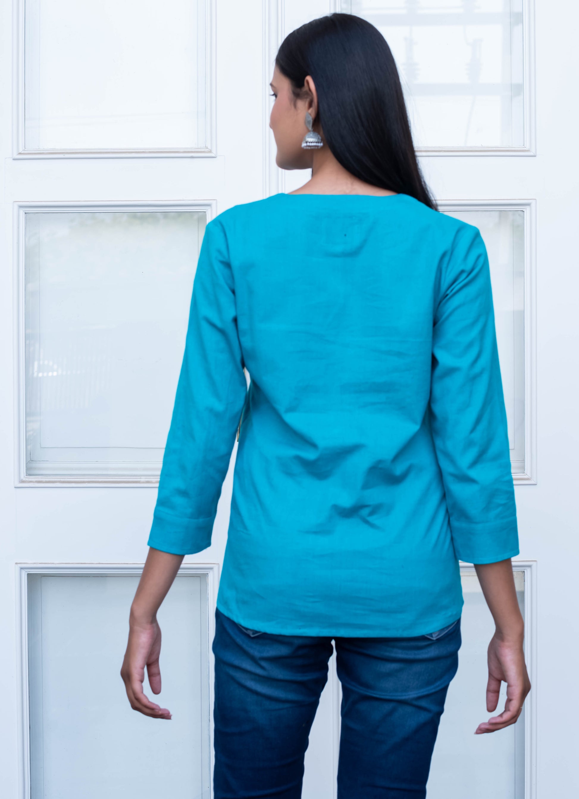 Teal Blue Embroidered Pleated Cotton Top
