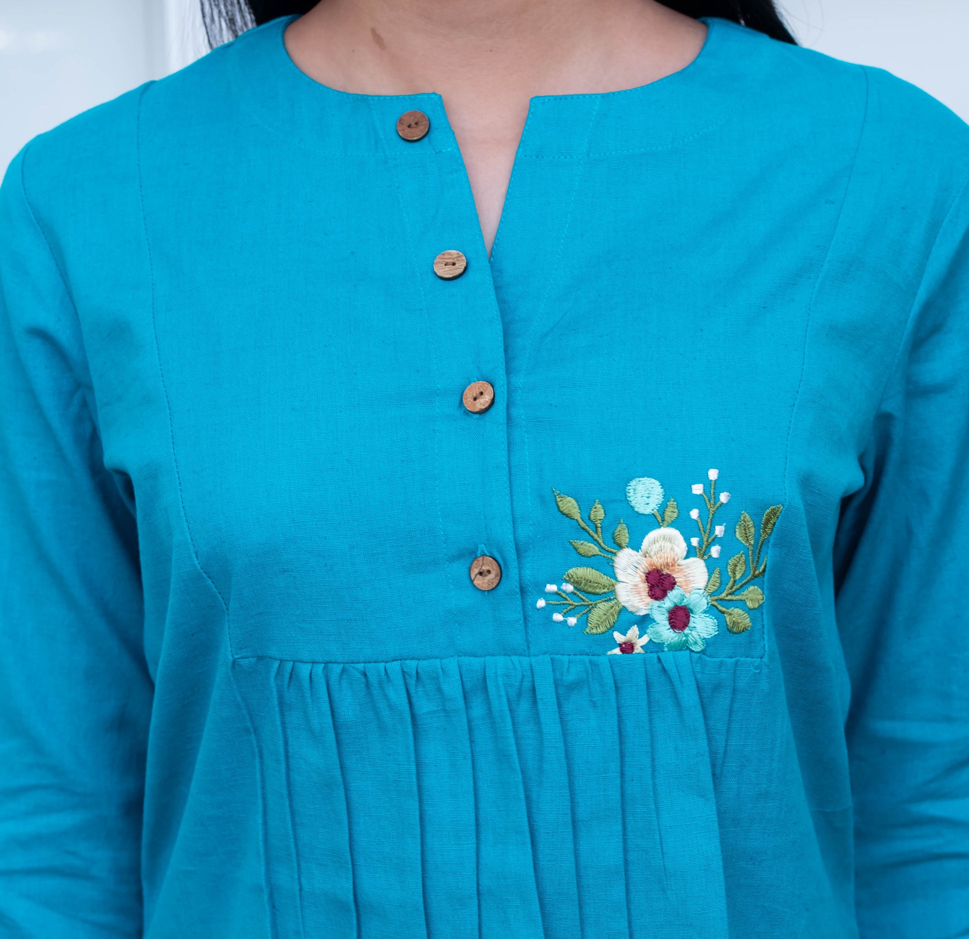 Teal Blue Embroidered Pleated Cotton Top