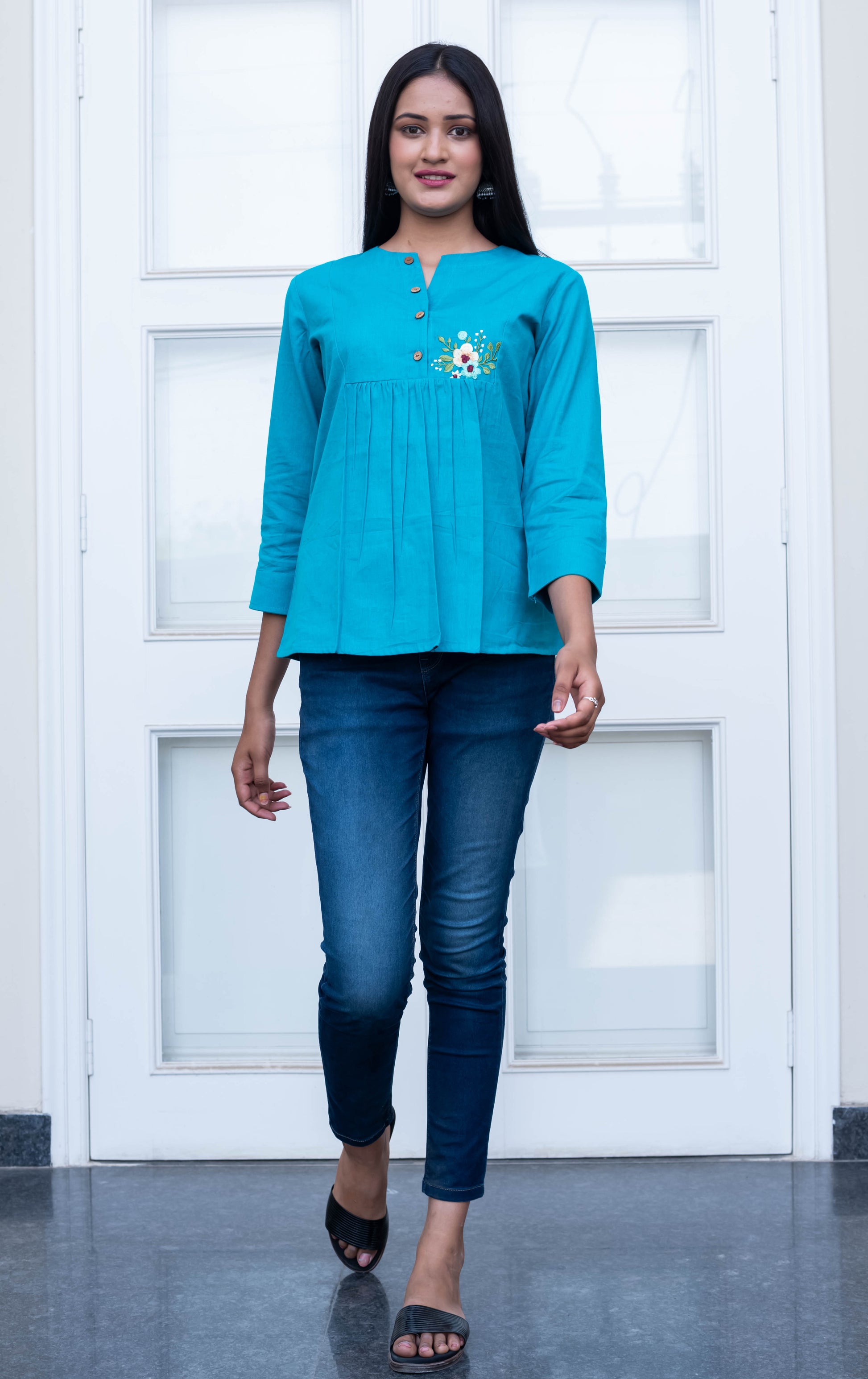 Teal Blue Embroidered Pleated Cotton Top