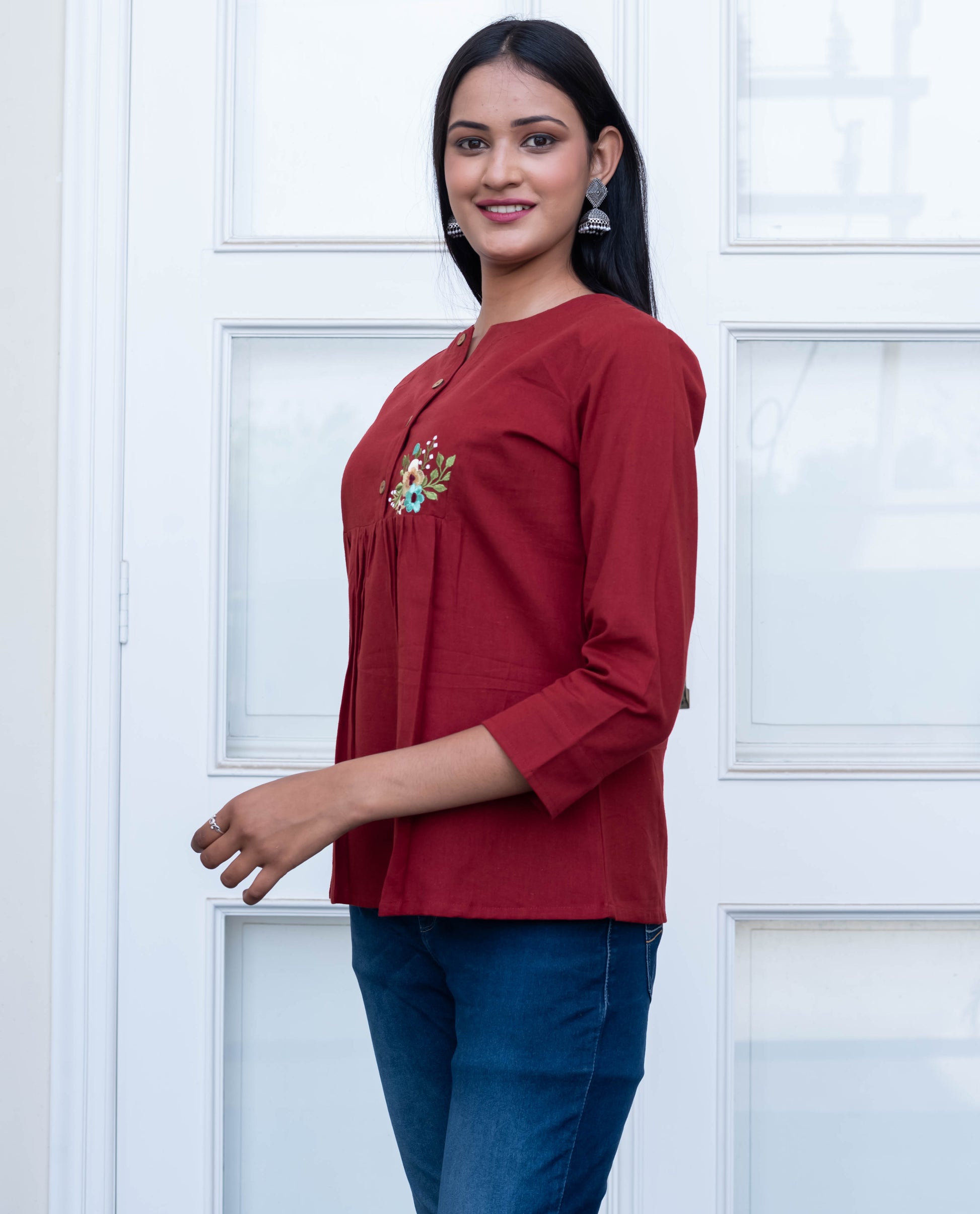 Maroon Embroidered Pleated Cotton Top