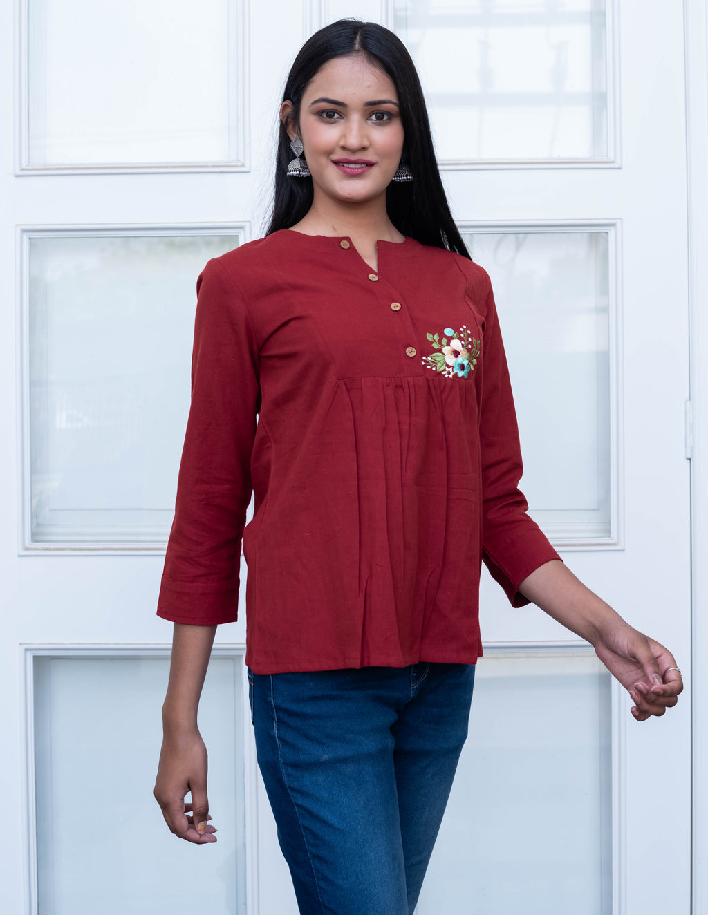 Maroon Embroidered Pleated Cotton Top