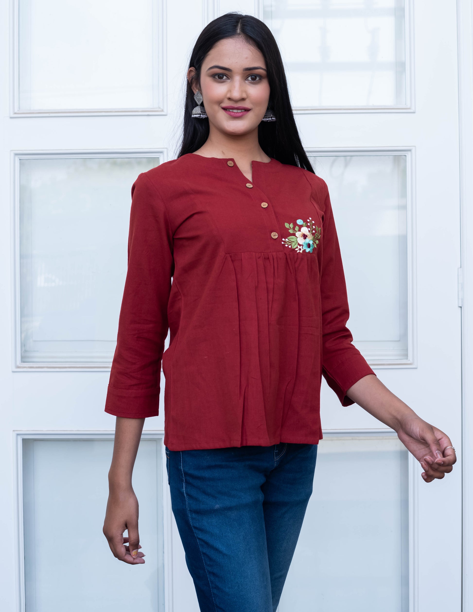 Maroon Embroidered Pleated Cotton Top