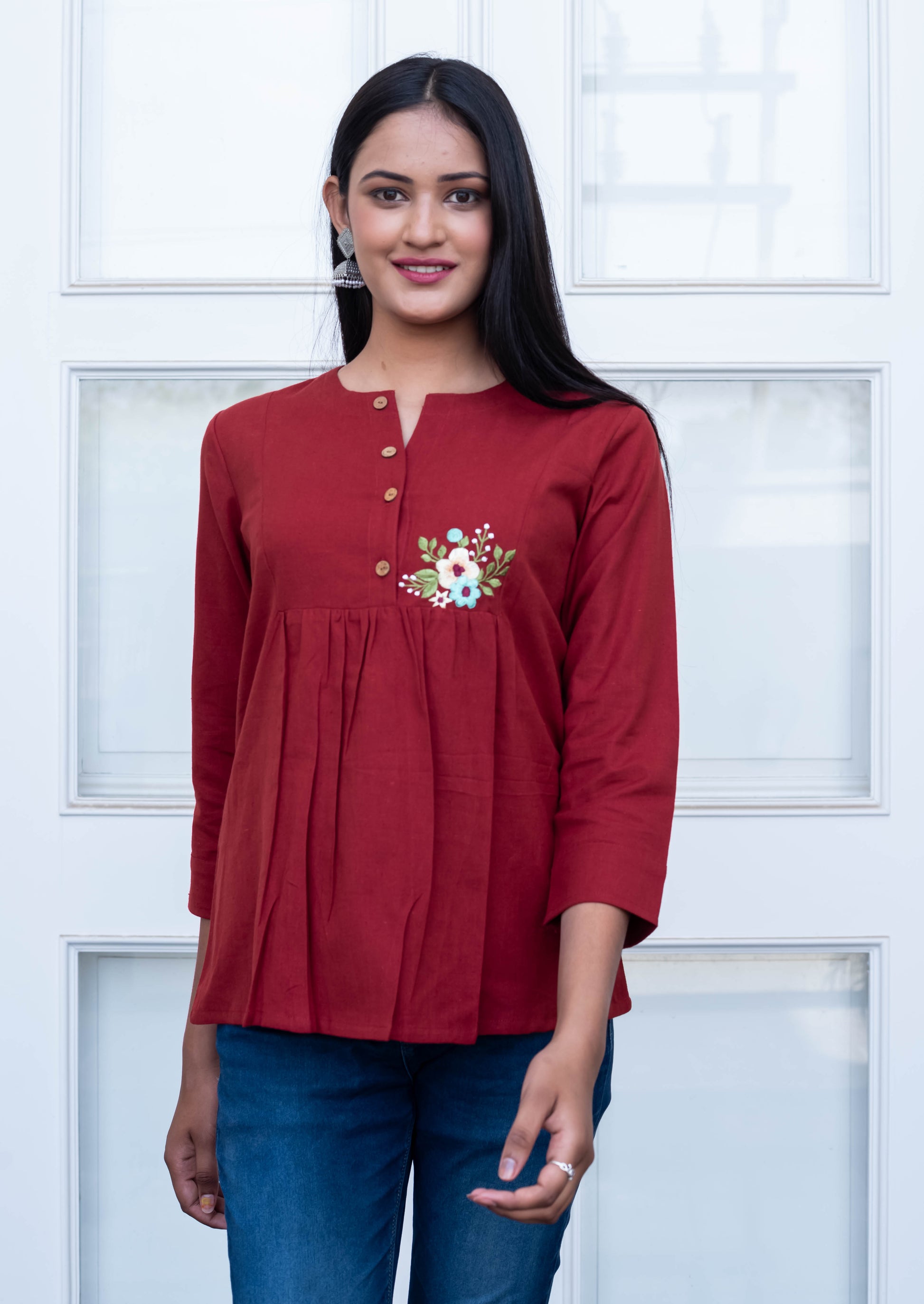Maroon Embroidered Pleated Cotton Top