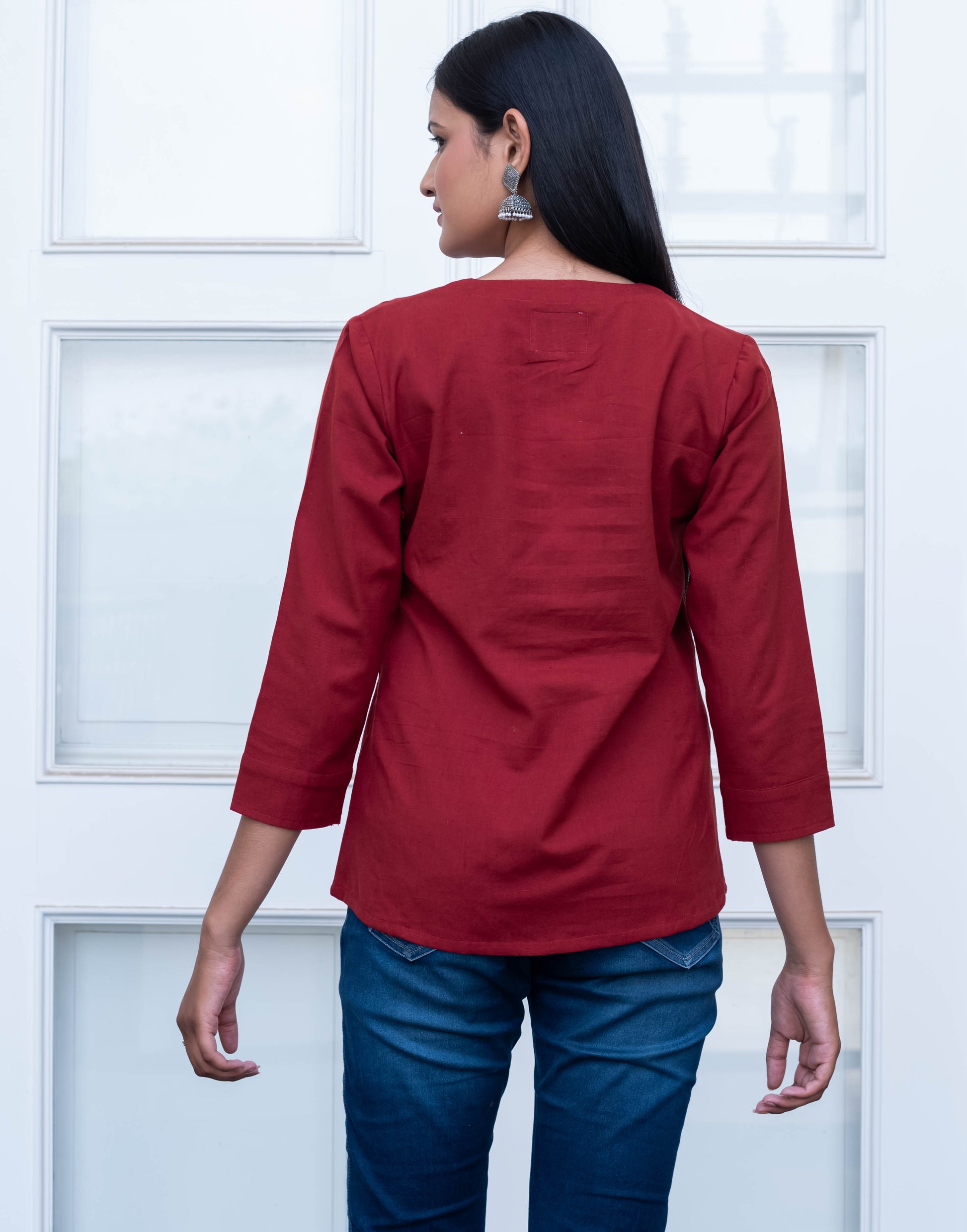 Maroon Embroidered Pleated Cotton Top