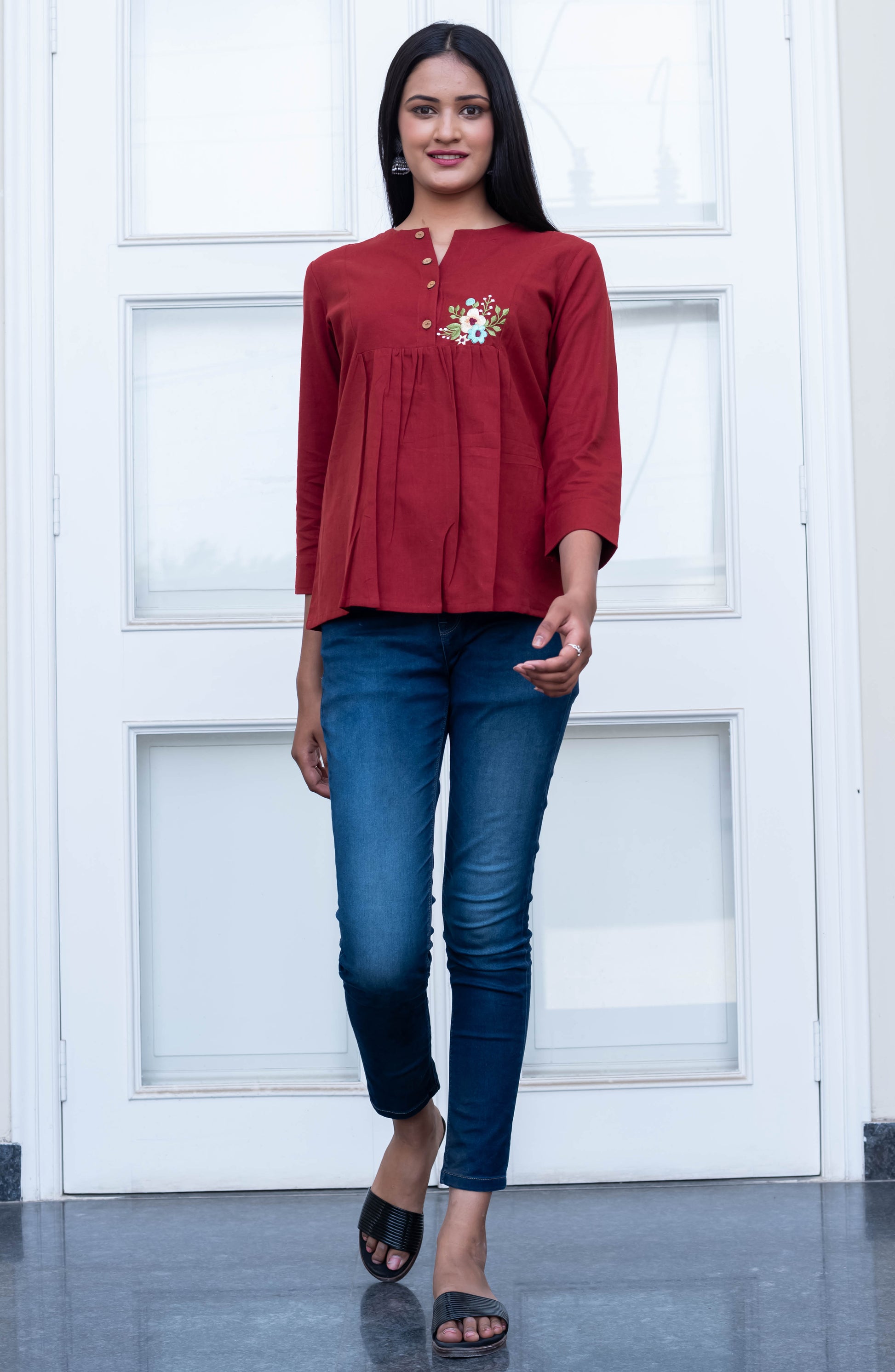 Maroon Embroidered Pleated Cotton Top