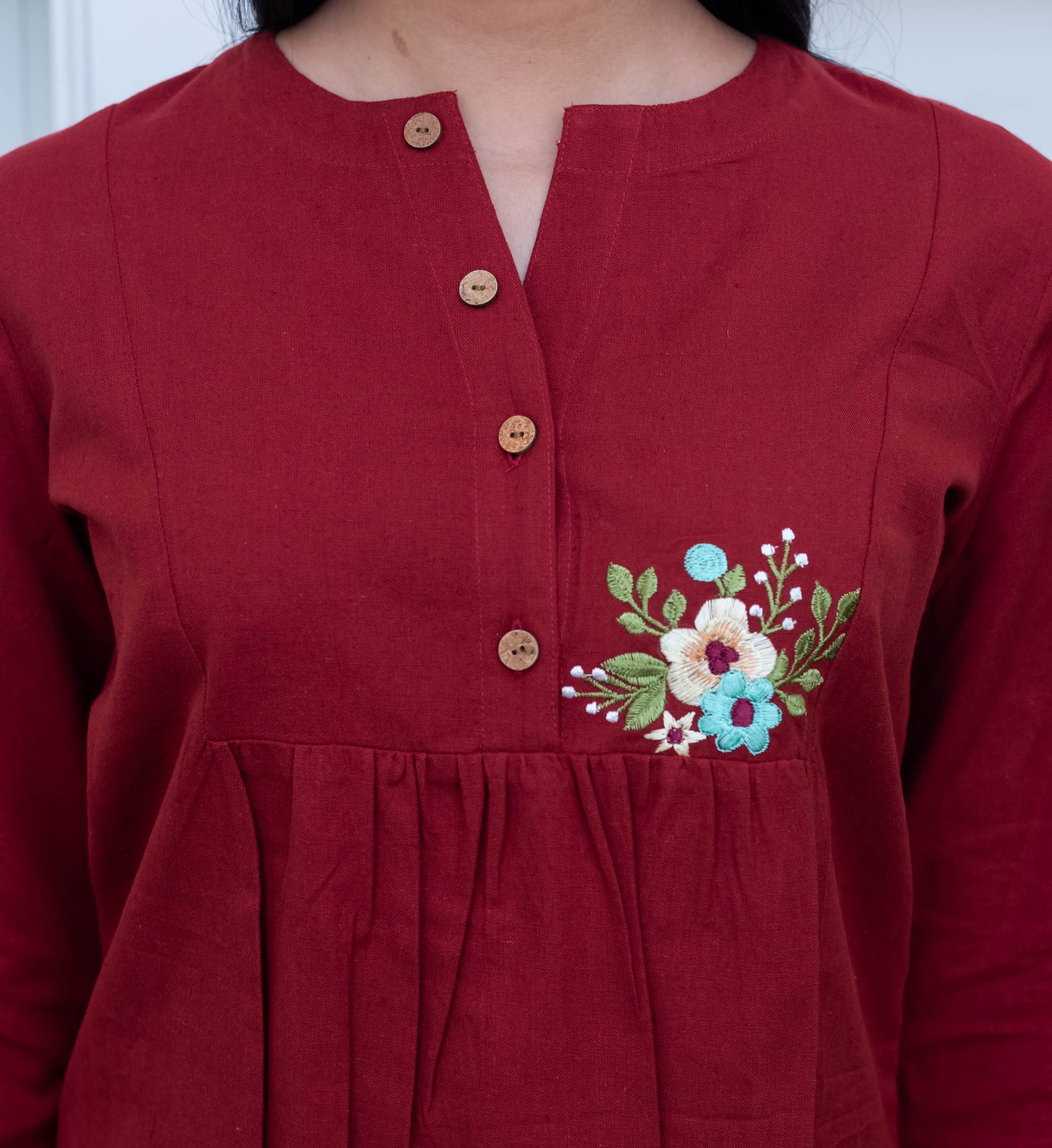 Maroon Embroidered Pleated Cotton Top