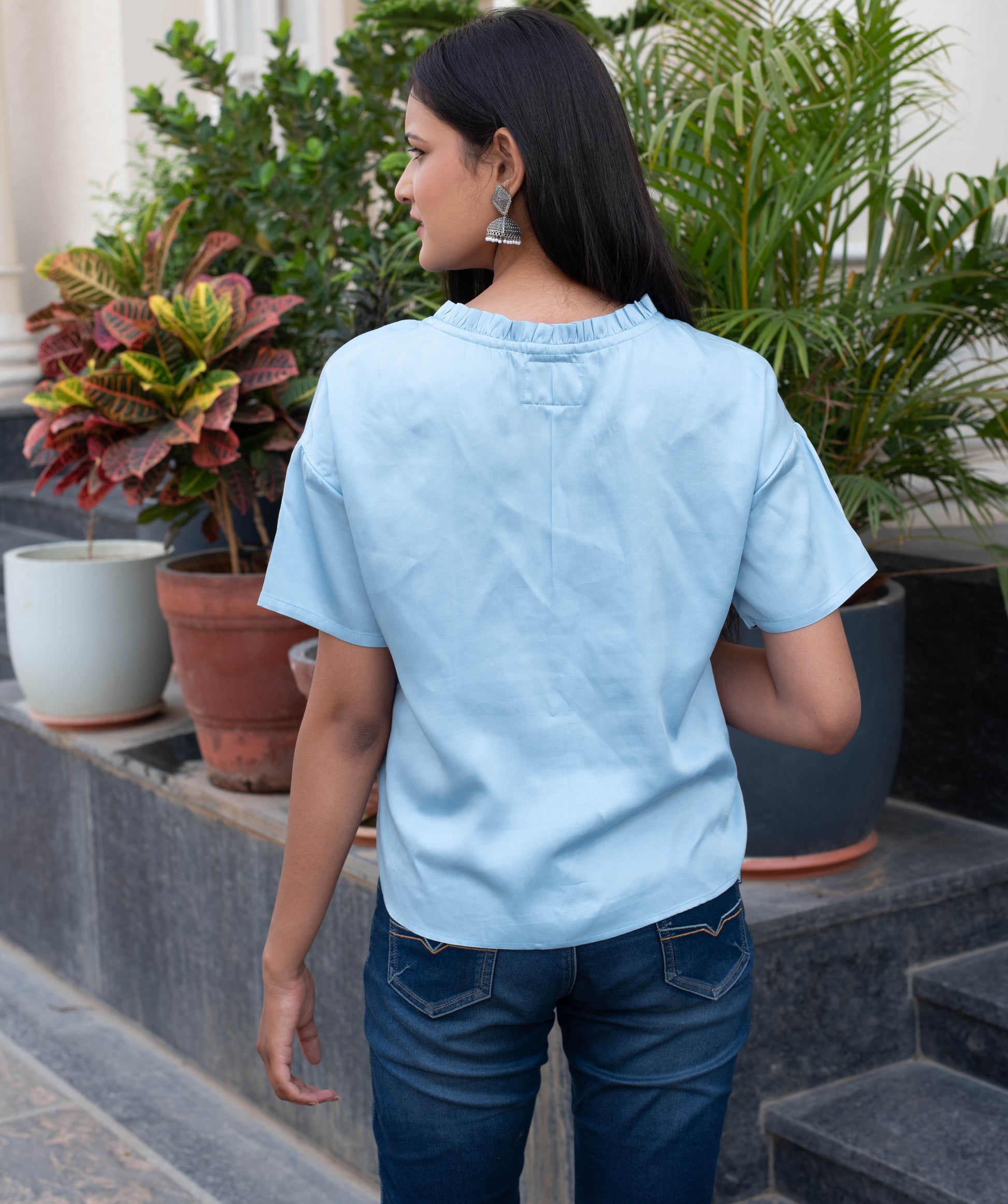 Powder Blue Satin Ruffle Neck Top
