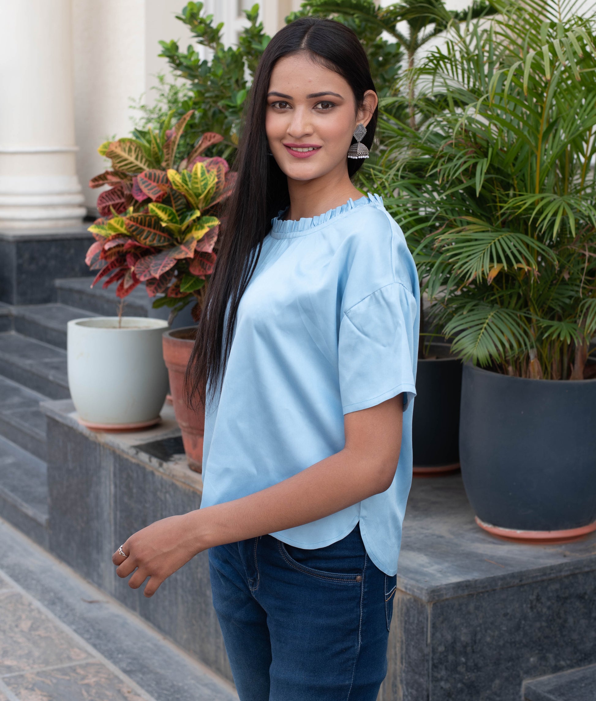 Powder Blue Satin Ruffle Neck Top