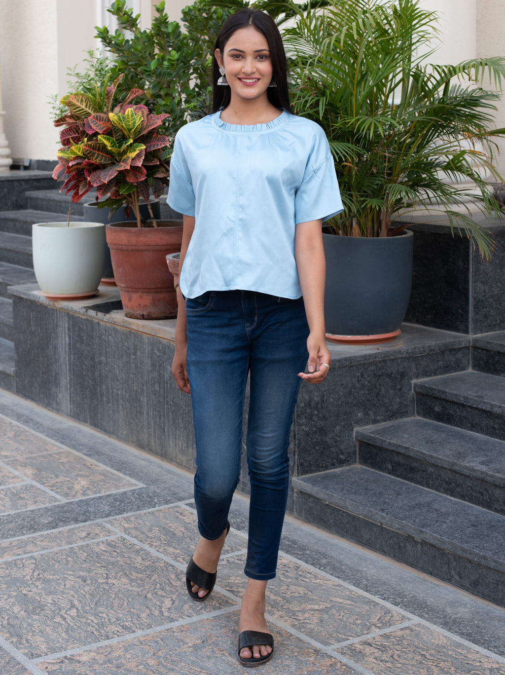 Powder Blue Satin Ruffle Neck Top
