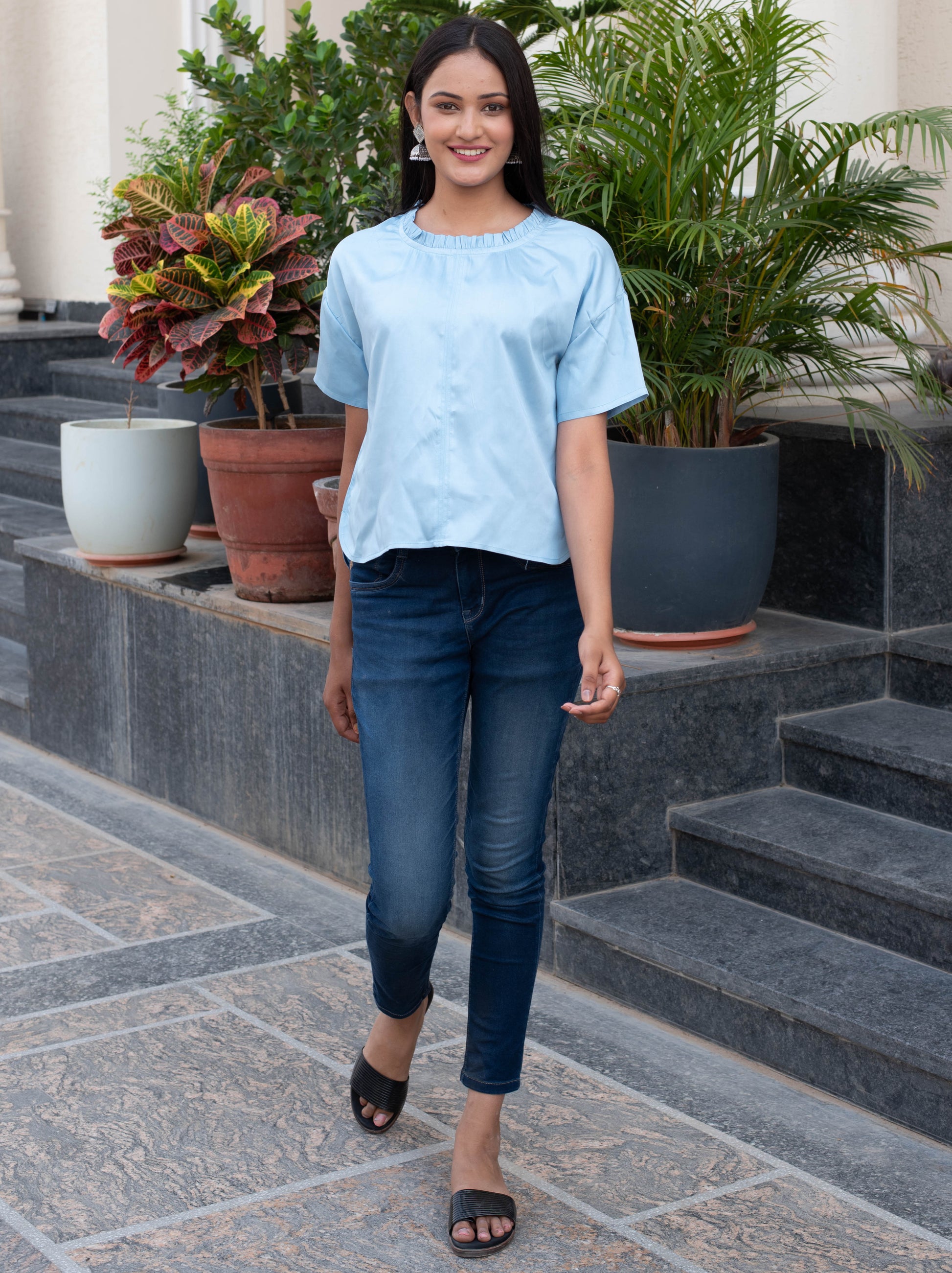 Powder Blue Satin Ruffle Neck Top