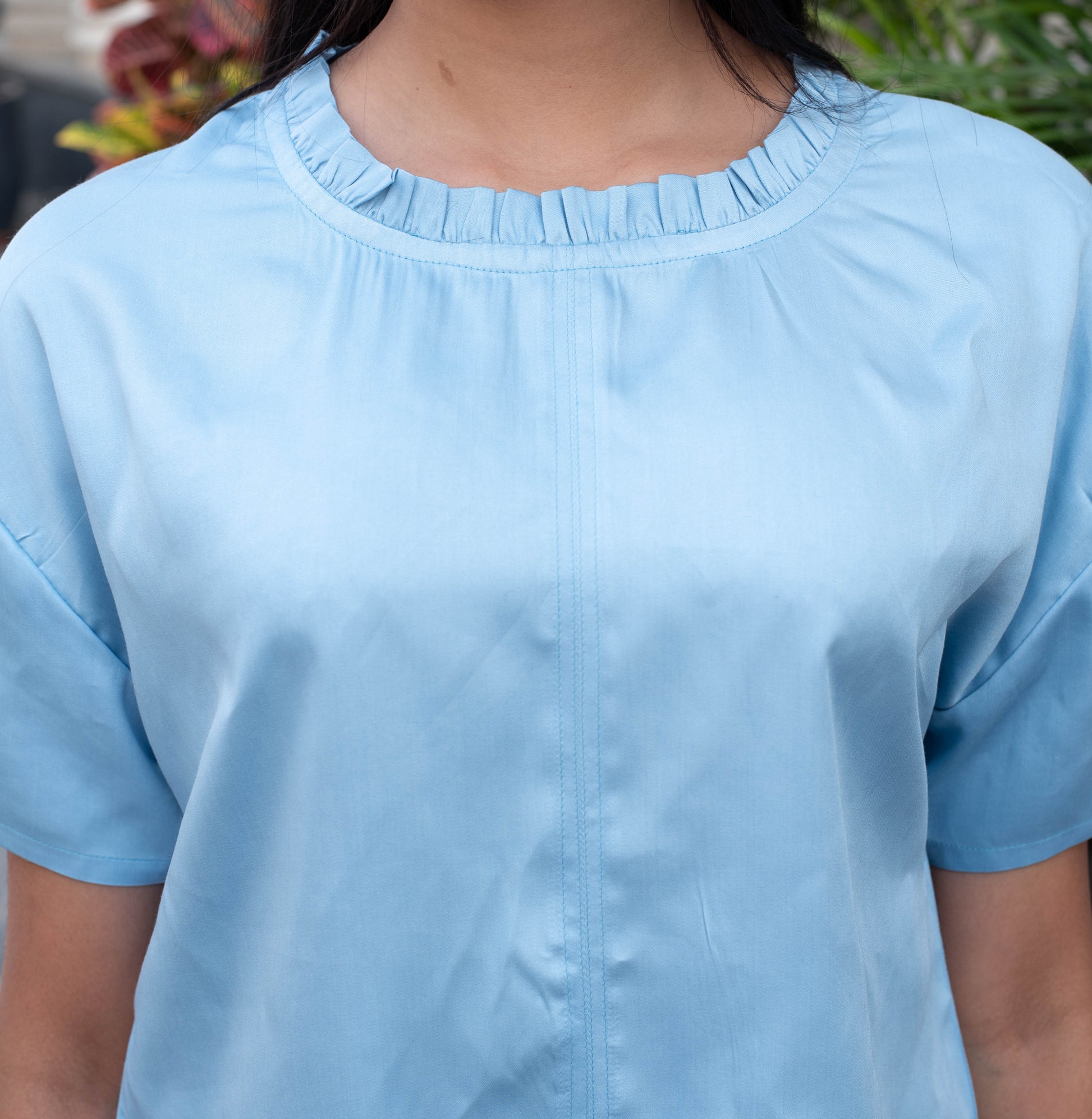 Powder Blue Satin Ruffle Neck Top