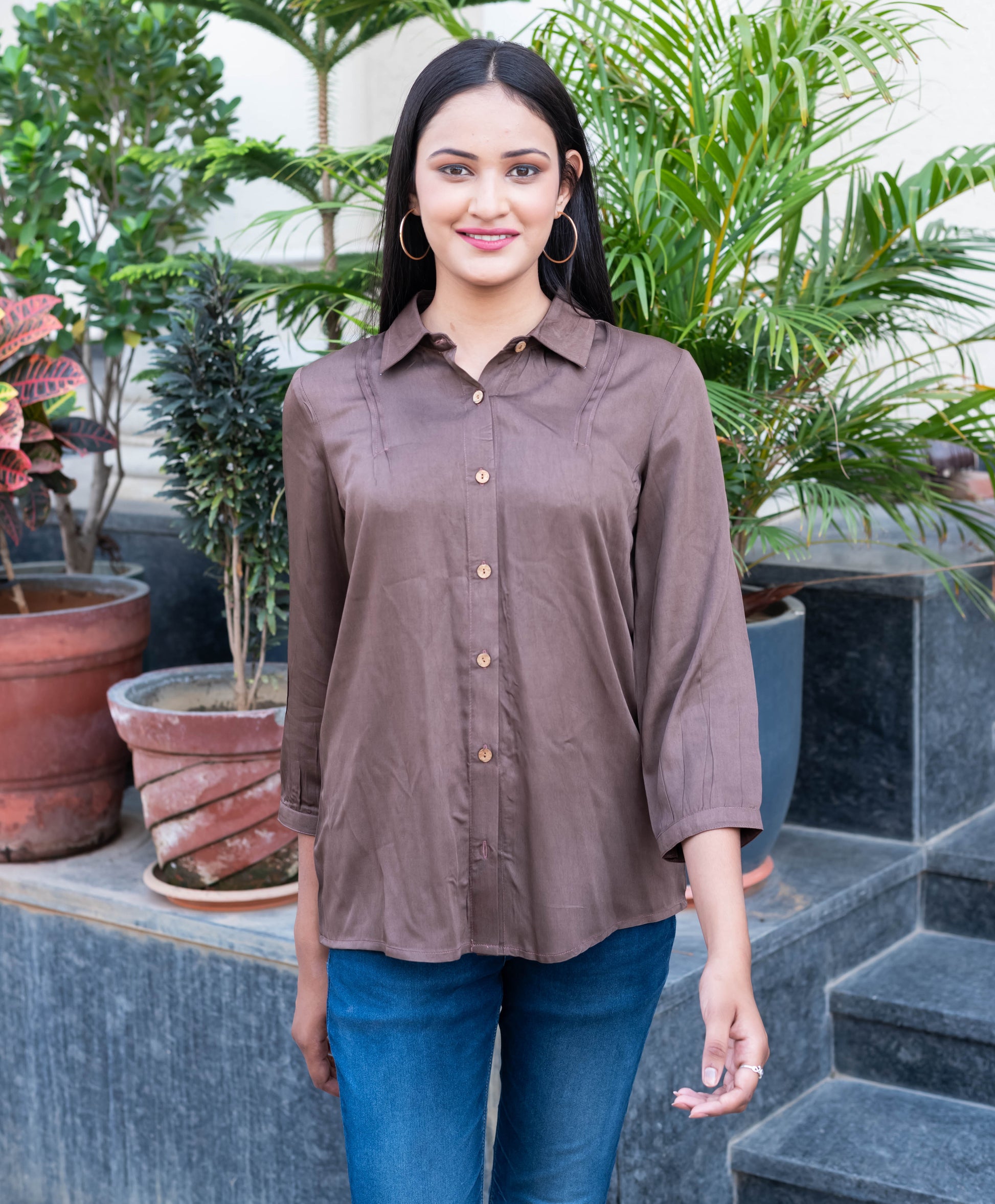 Elegant Coffee Brown Collared Shirt Top