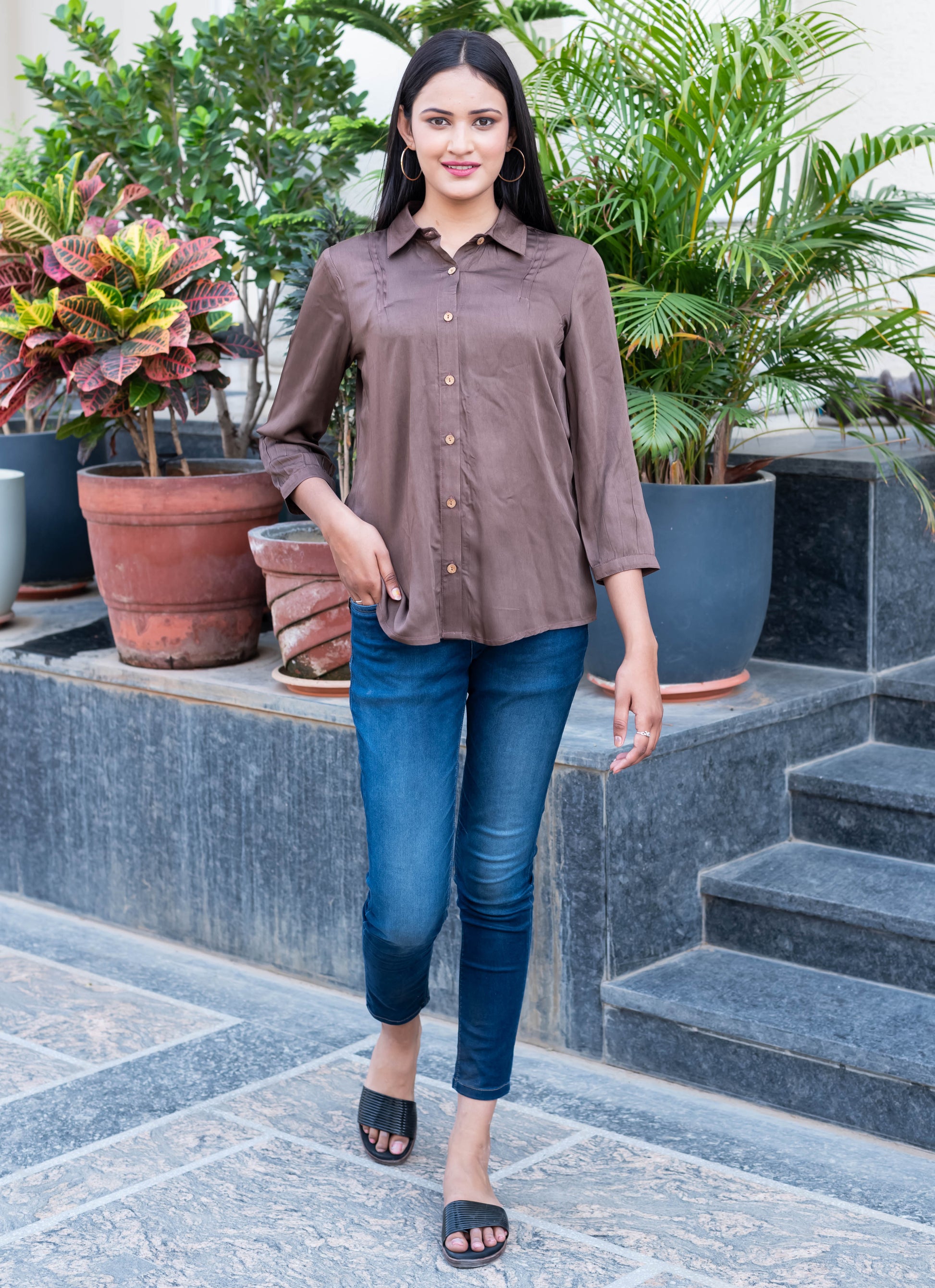 Elegant Coffee Brown Collared Shirt Top
