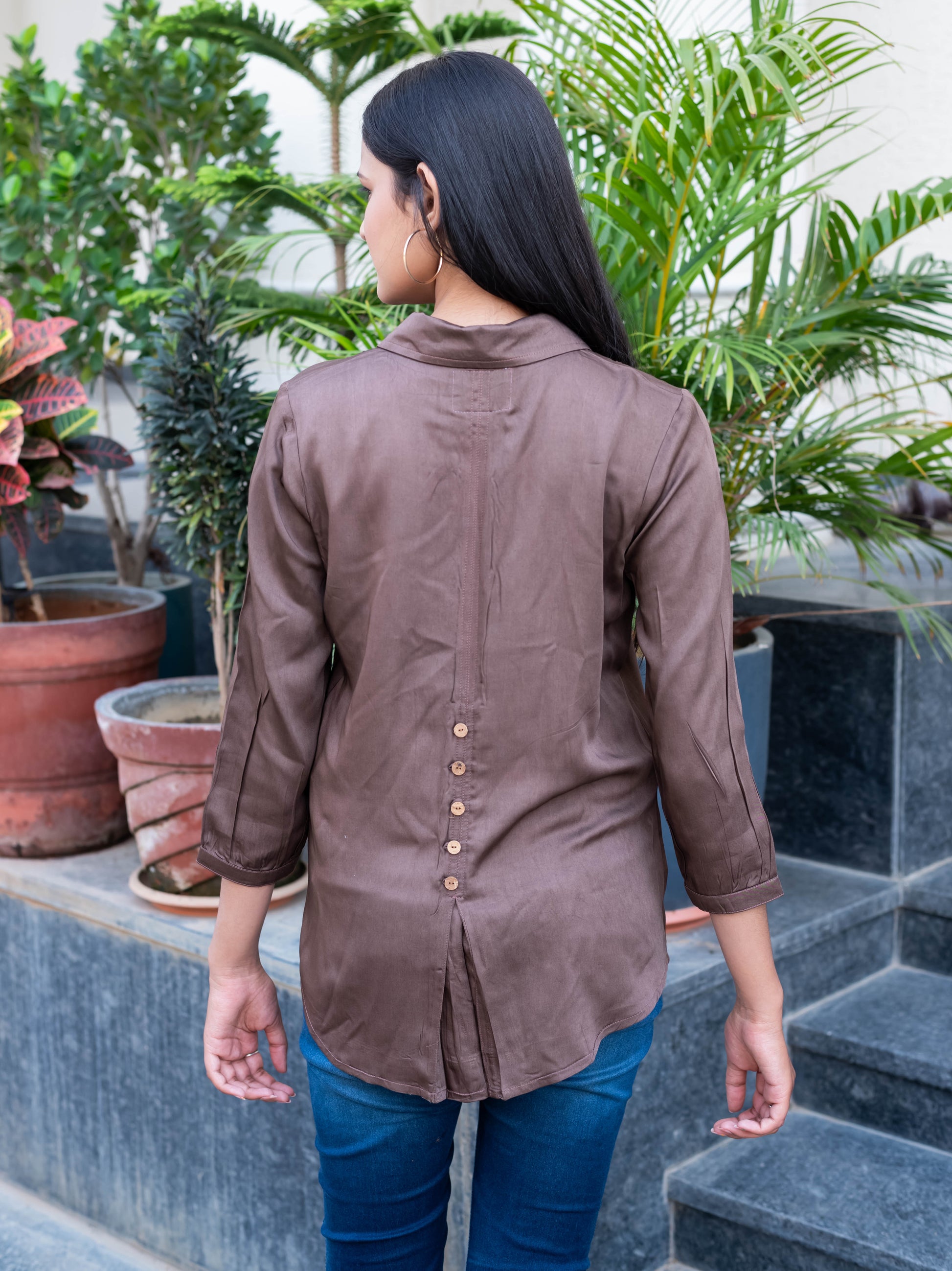 Elegant Coffee Brown Collared Shirt Top