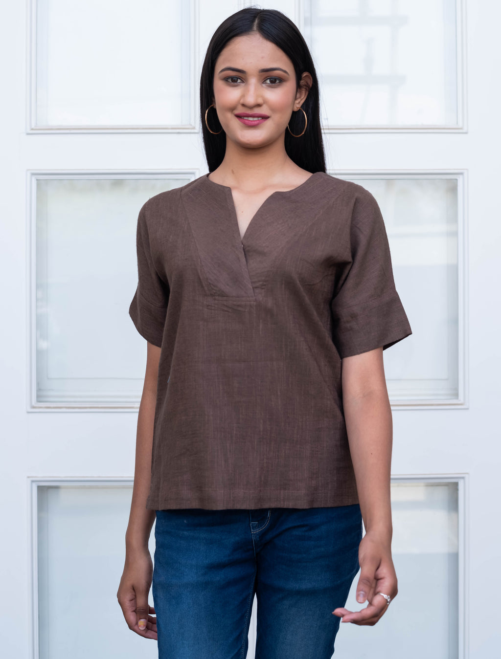 Chocolate Brown V-Neck Cotton Top